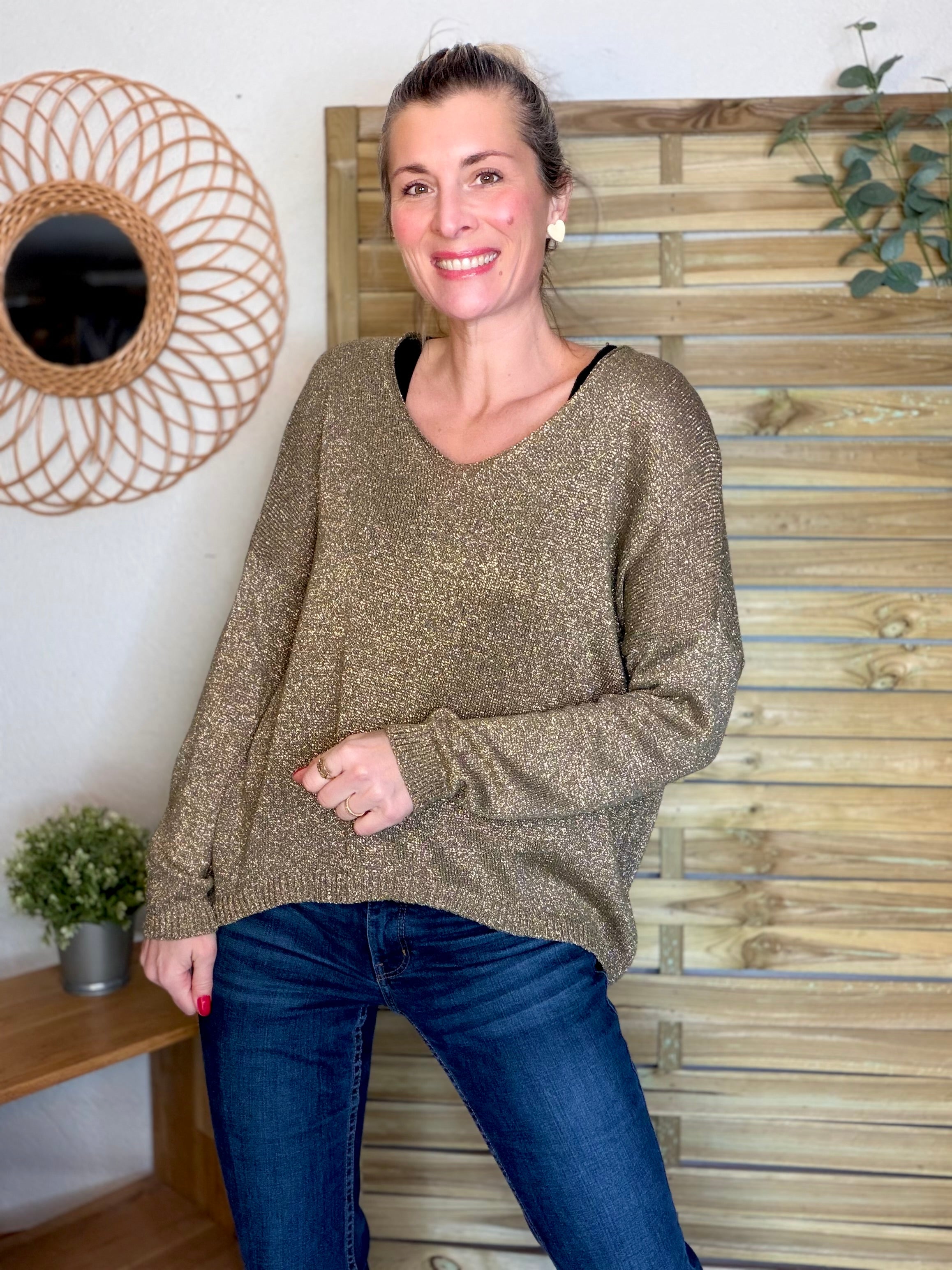 Pull maille lurex et étoile ⭐️ POLLY - Kaki / Doré