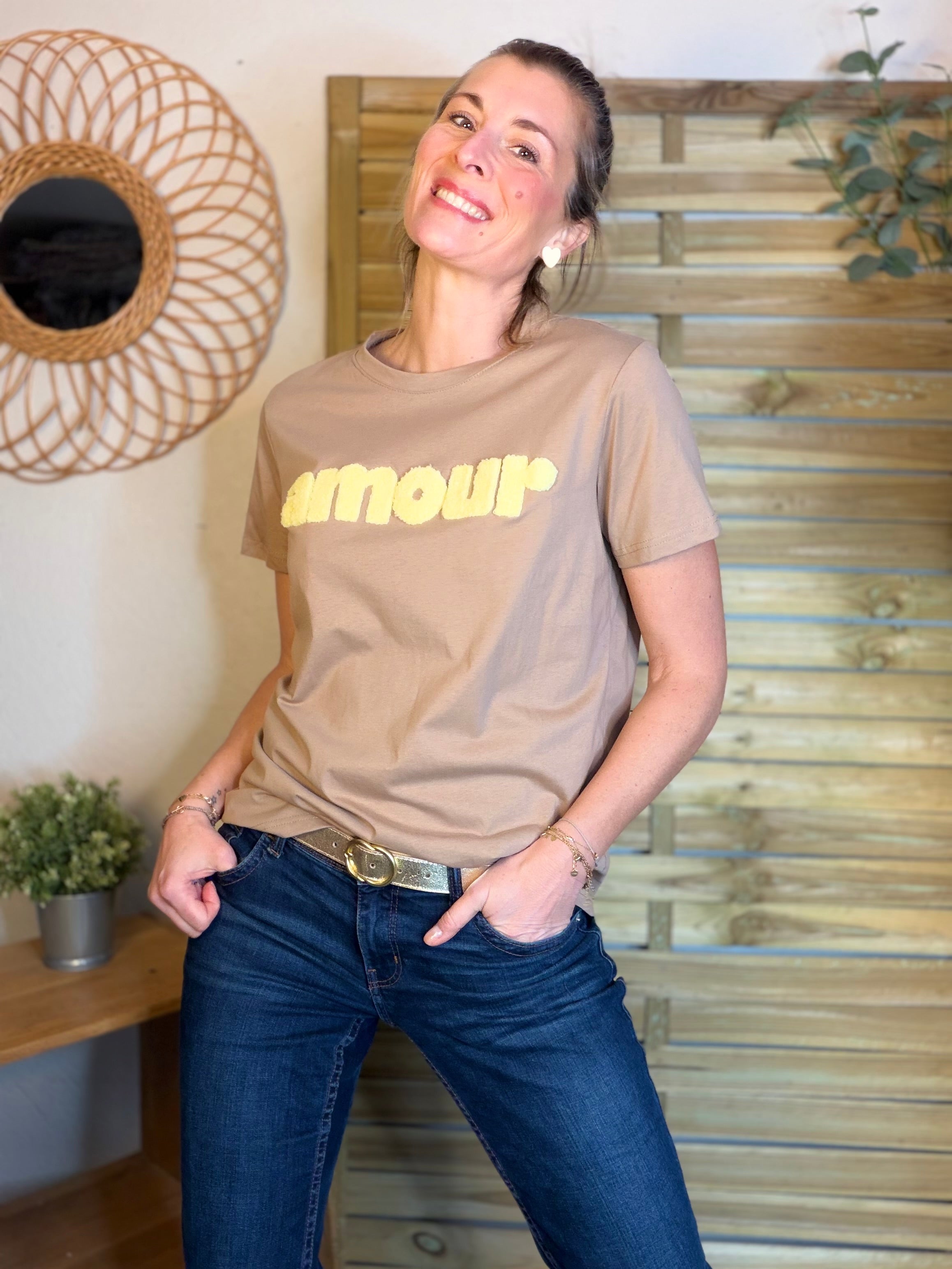 Tee shirt amour MAÏA Taupe/jaune
