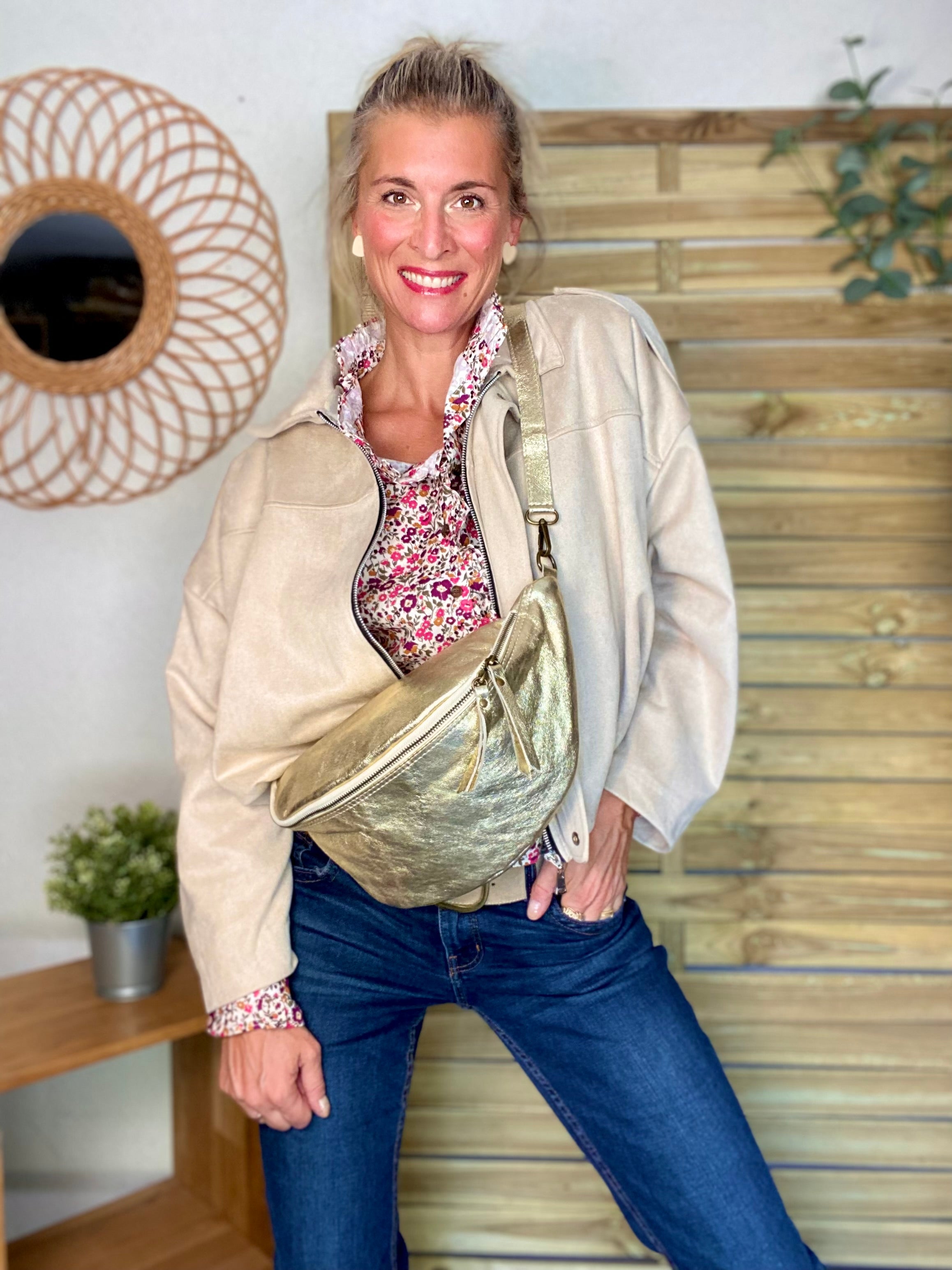 Sac banane XL en cuir - JANE - Doré