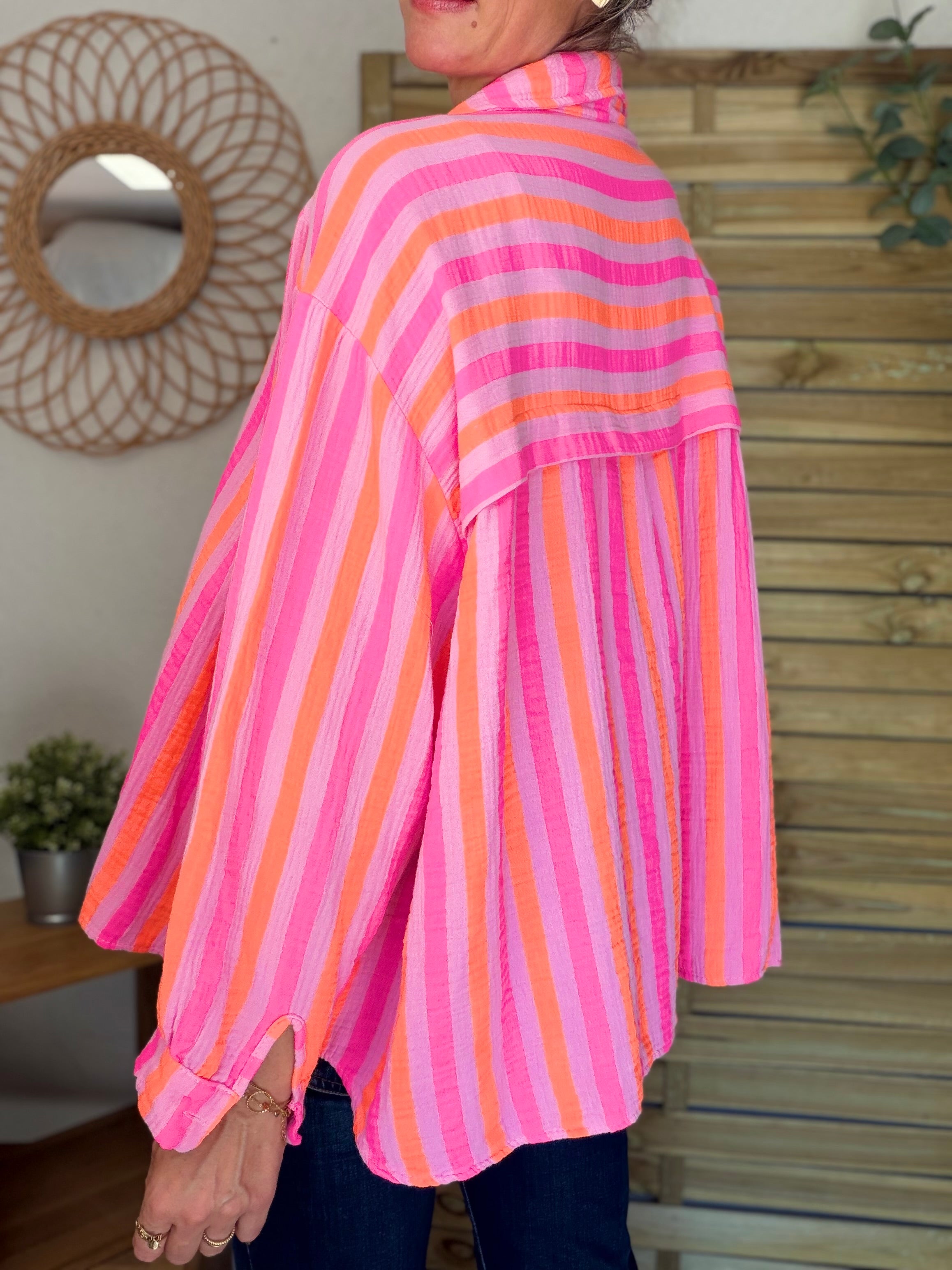 Chemise en gaze de coton rayée FÉLICIE Fluo Parme