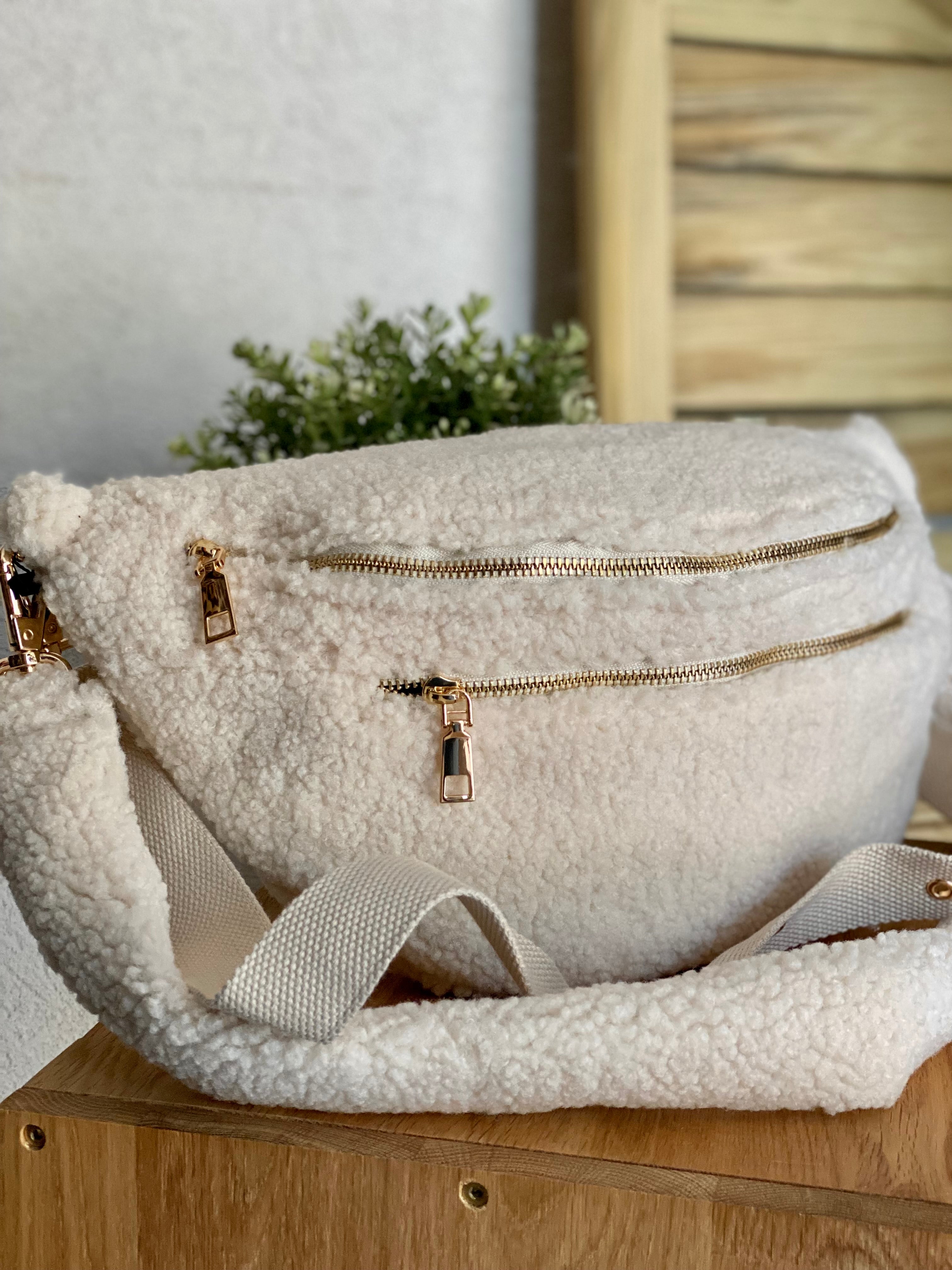 Sac banane XL double poche en moumoute 2 sangles inclues - BILLIE - Écru