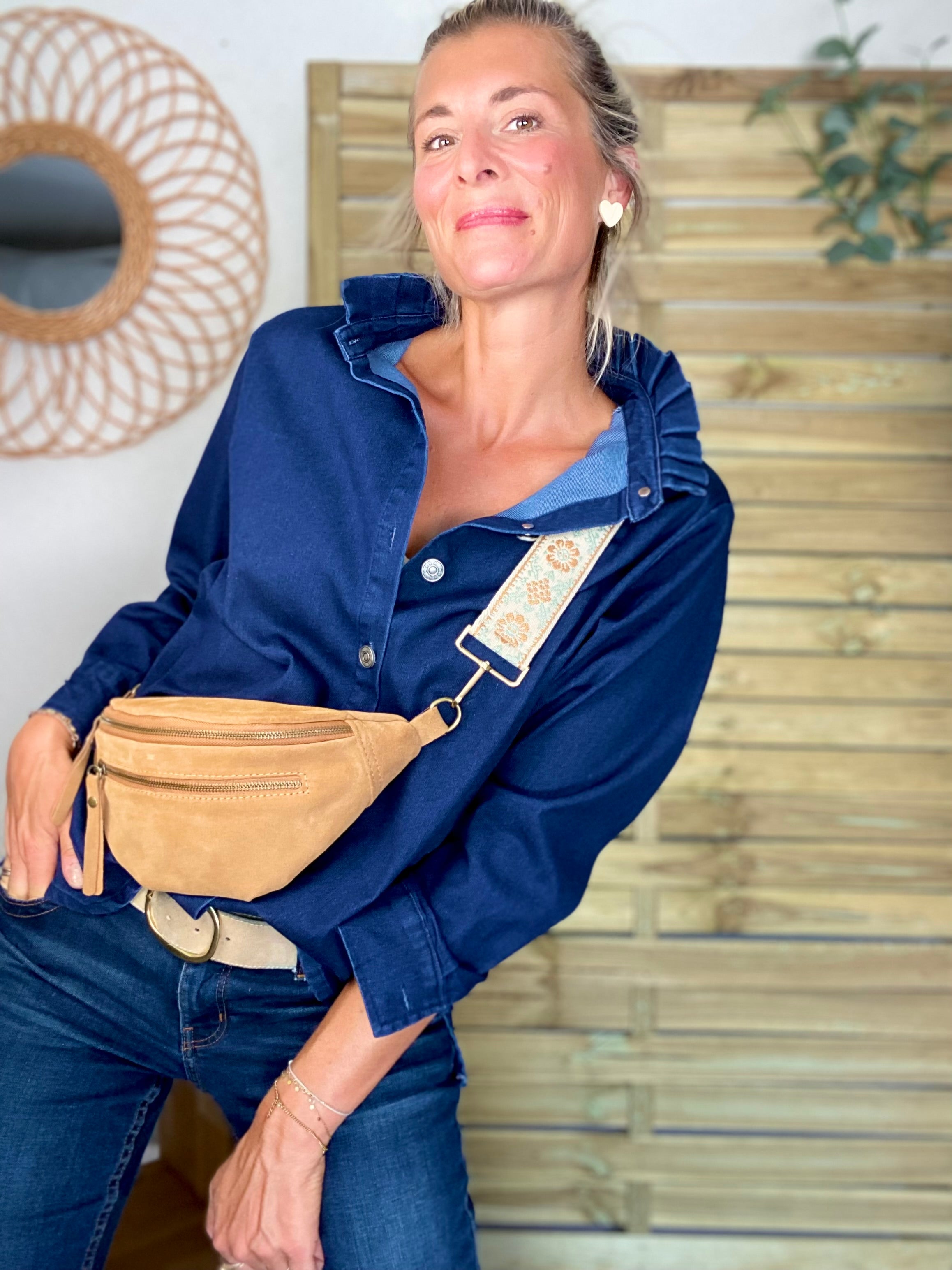 Veste / Chemise en coton, col volanté Bleu Jean LISON