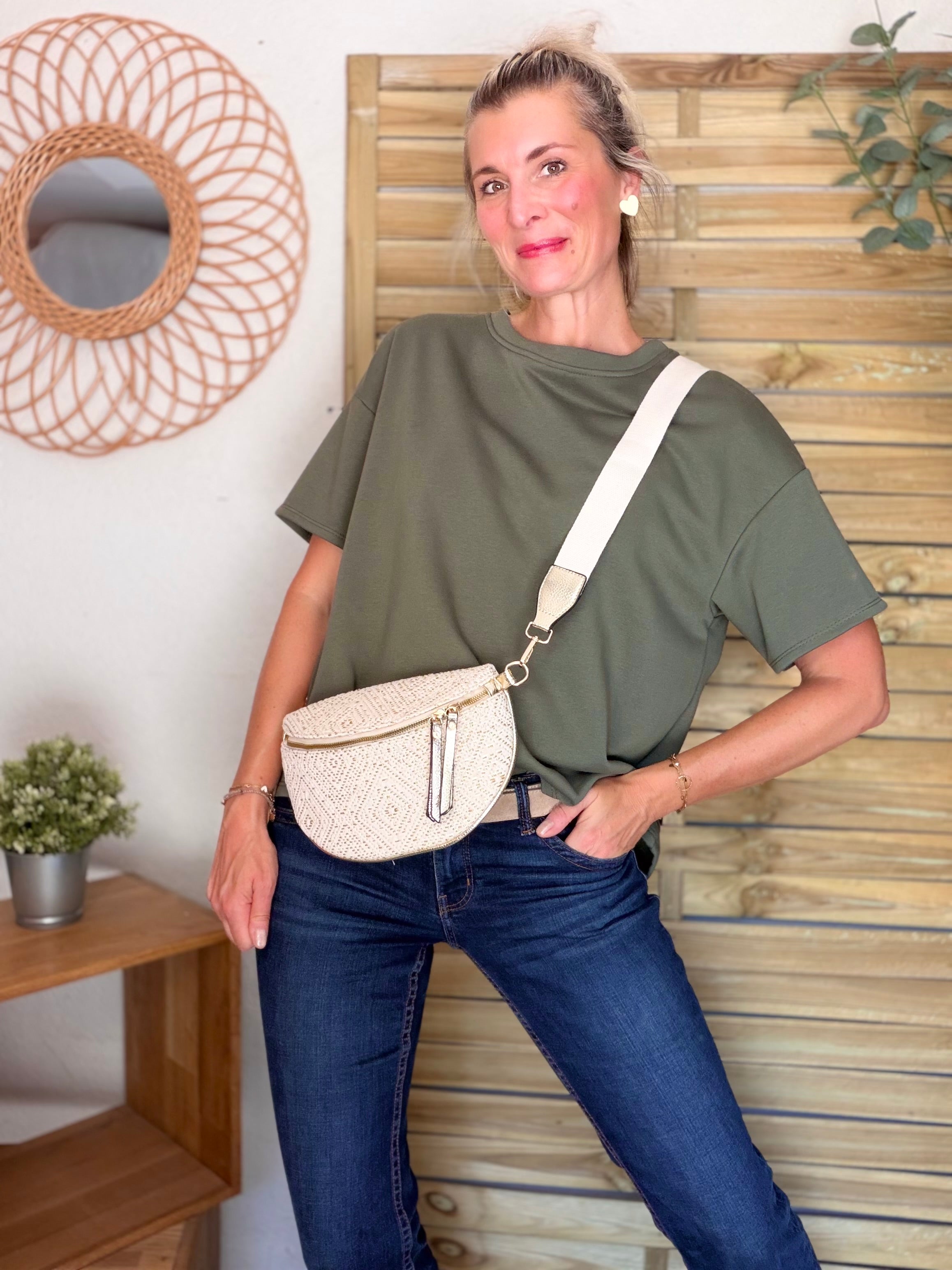 Sac banane tressée beige et doré - FANNY