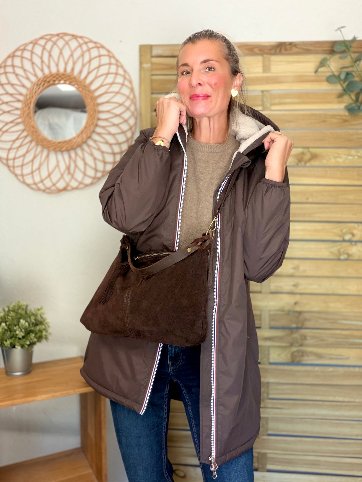 Sac hobo en cuir daim souple, double bandoulière ANDREW Chocolat