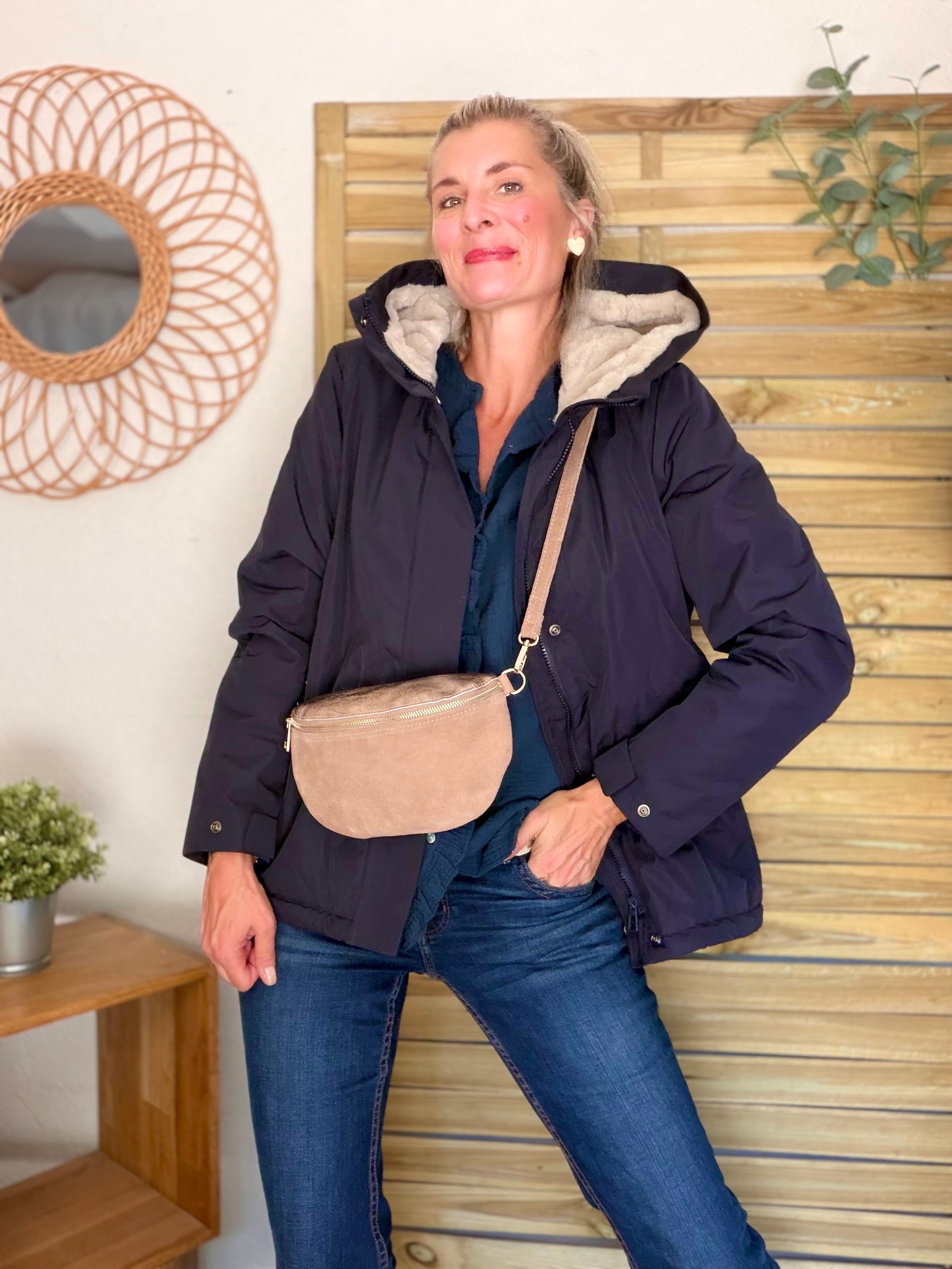 Sac banane M bi-matière en cuir irisé et velours 24cm - POLLY- Taupe/Bronze