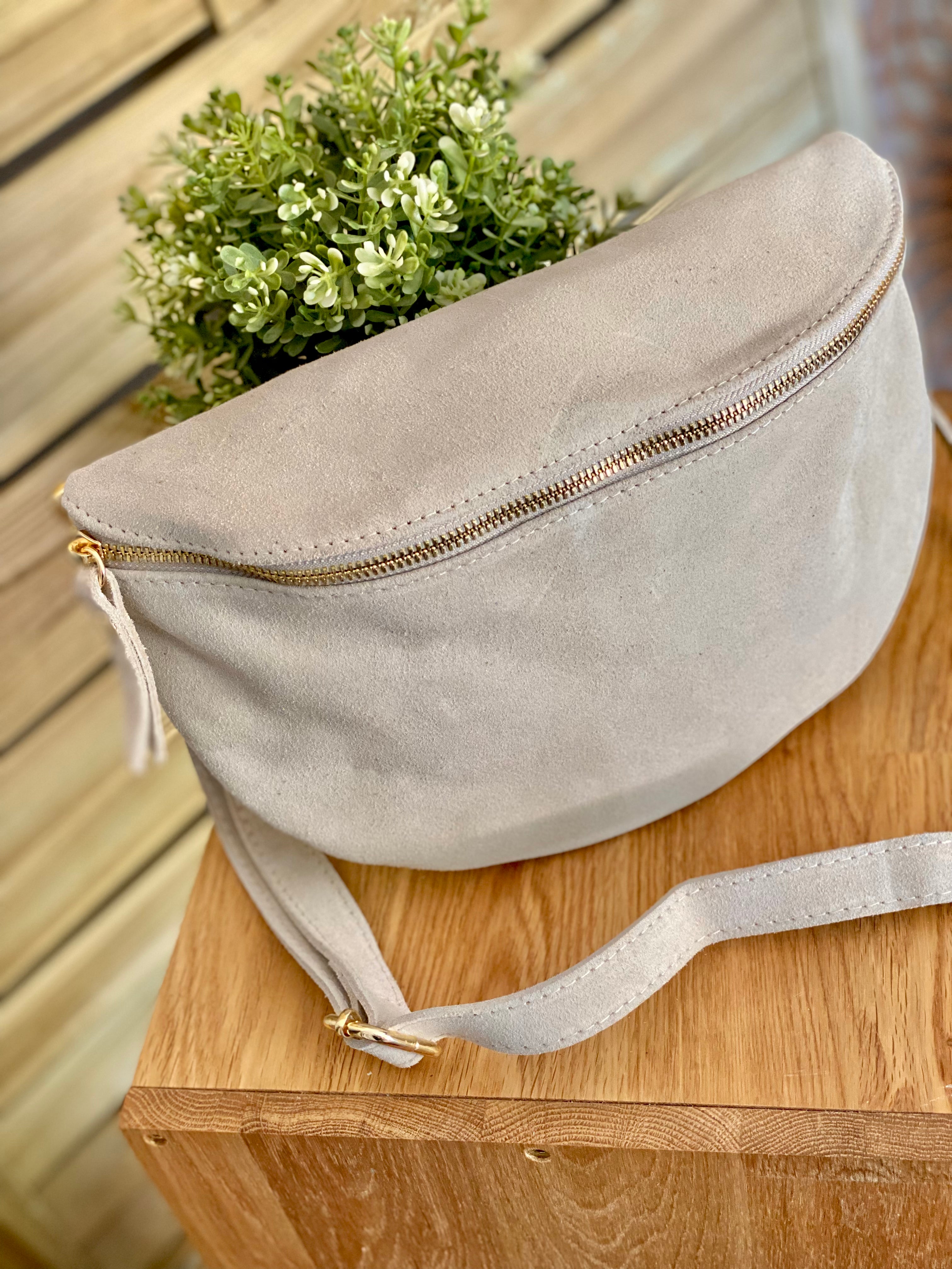 Sac banane XL en cuir velours 30cm JUDY - Ecru (7 coloris) - FIN DE SÉRIE