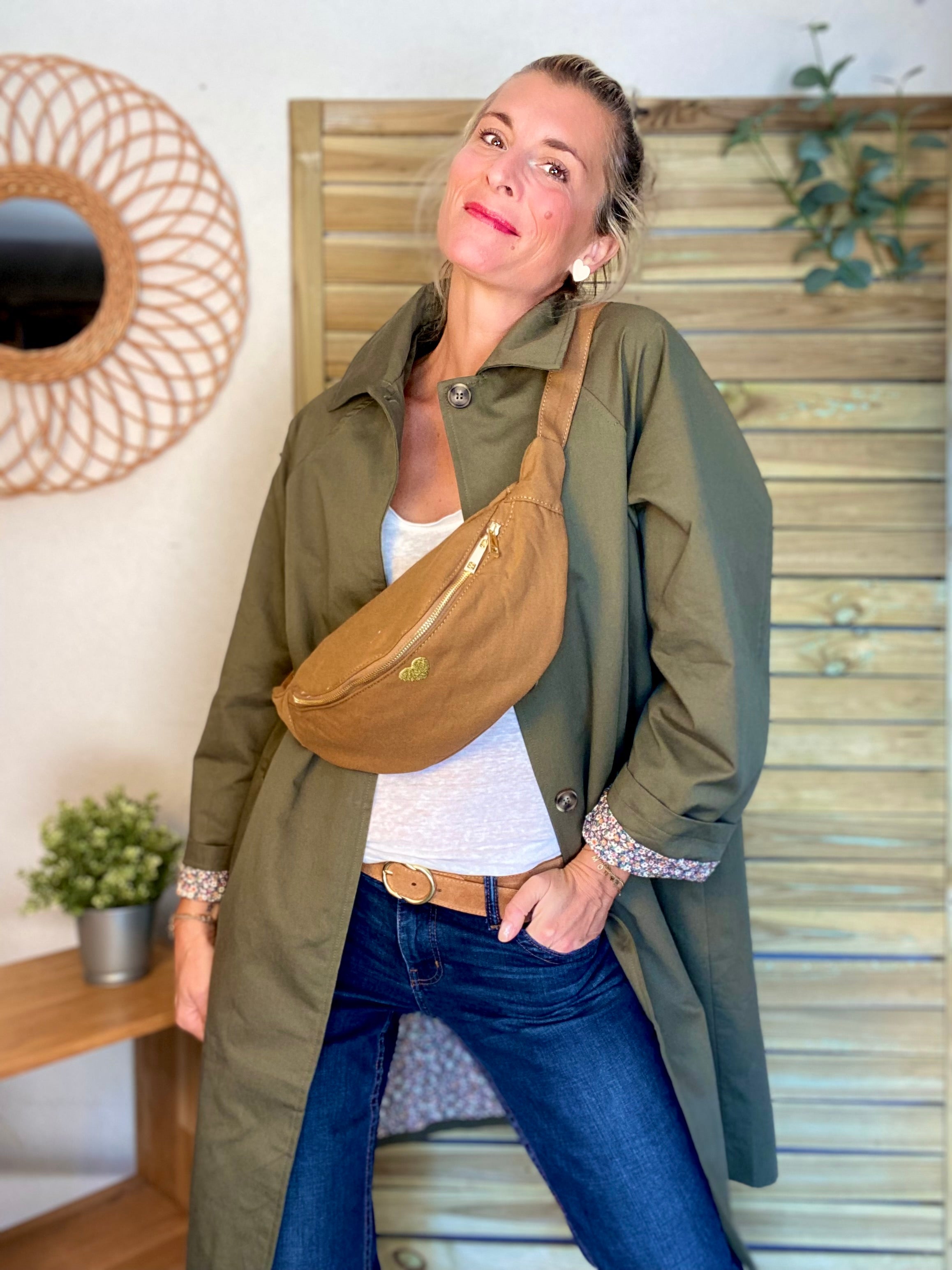 Veste Trench en coton kaki avec Liberty - MAHAUT LONG