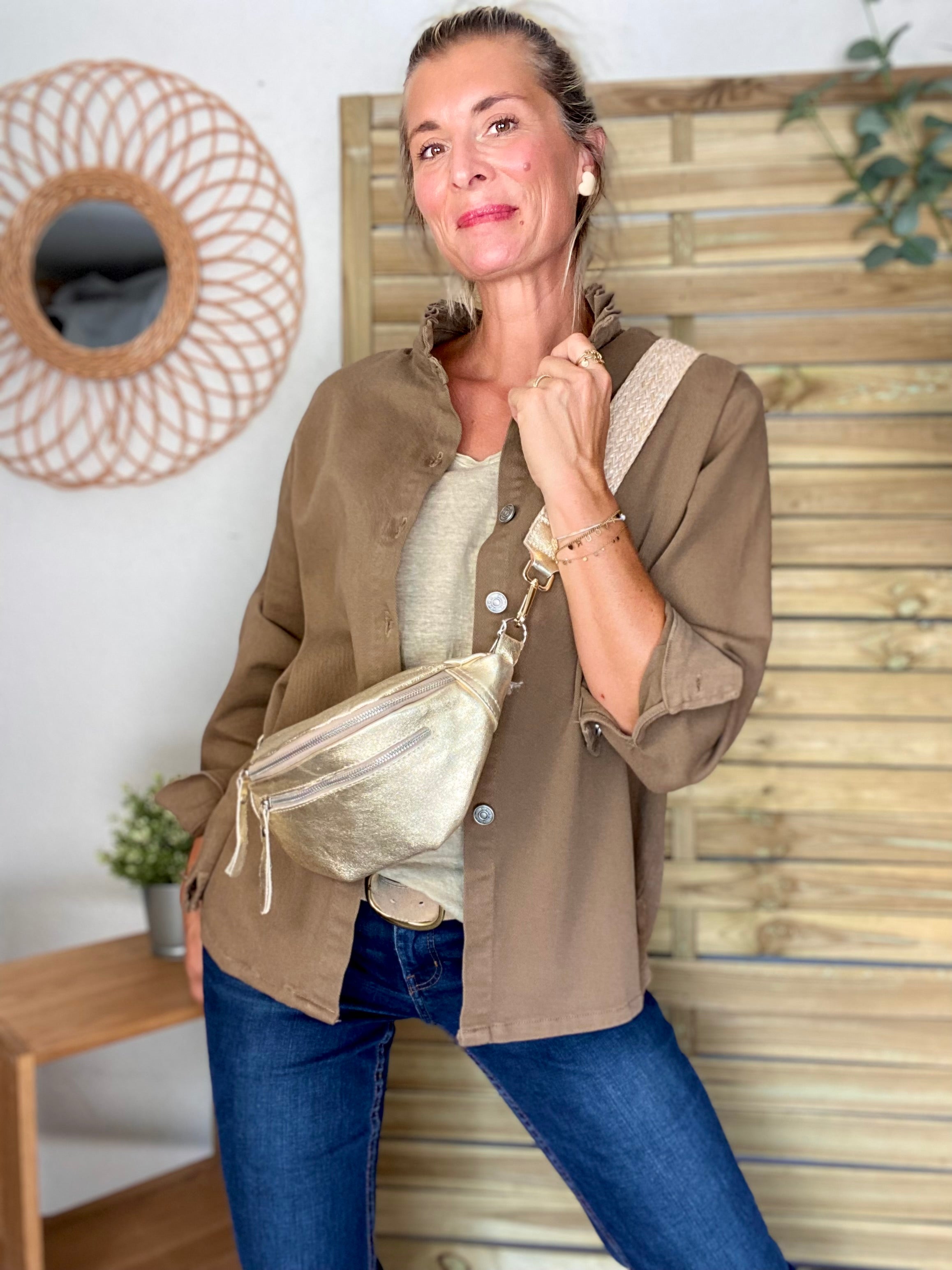 Veste / Chemise en coton, col volanté Camel foncé LISON