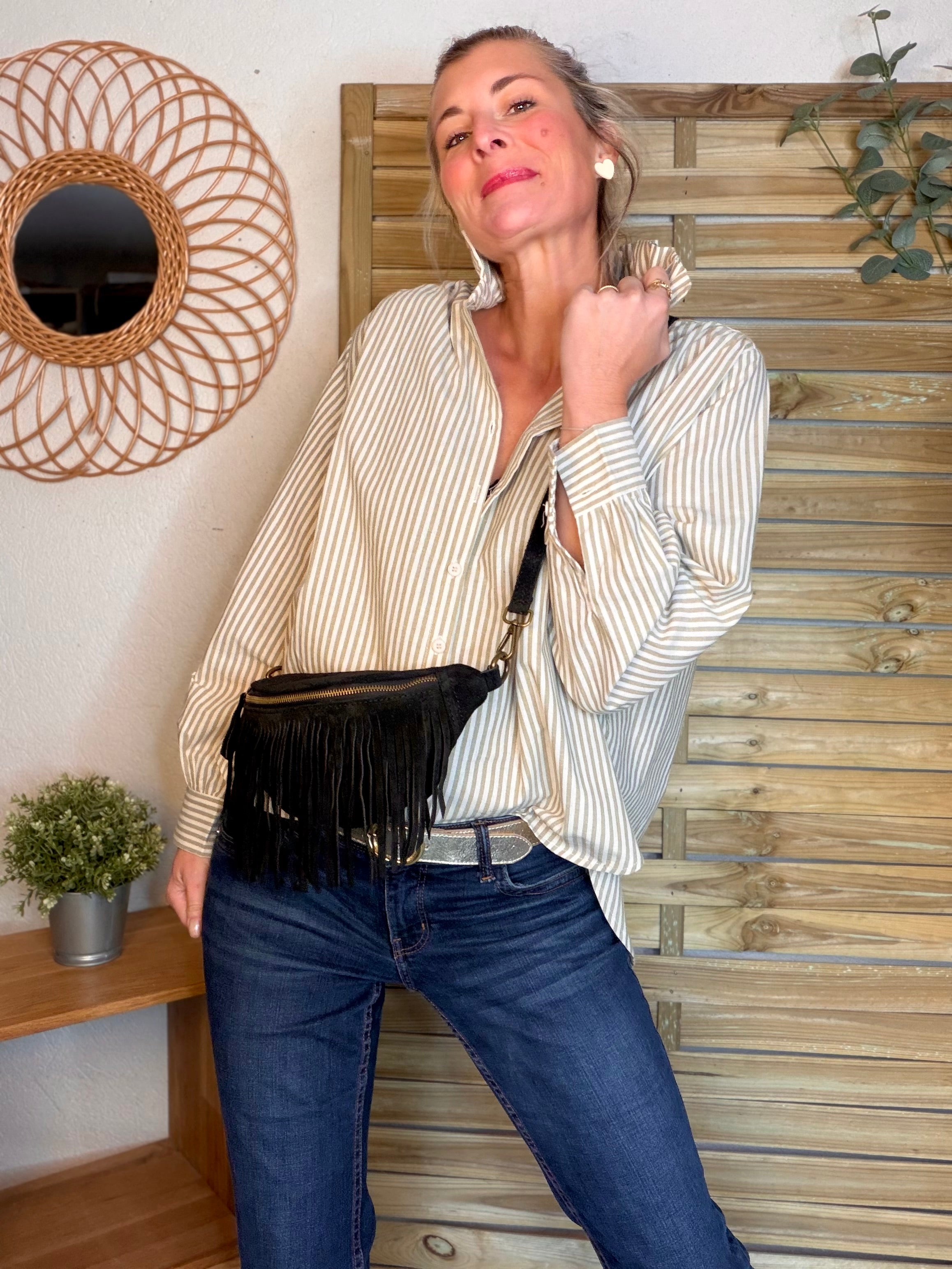 Sac banane avec franges en cuir daim - PIETRA - Noir