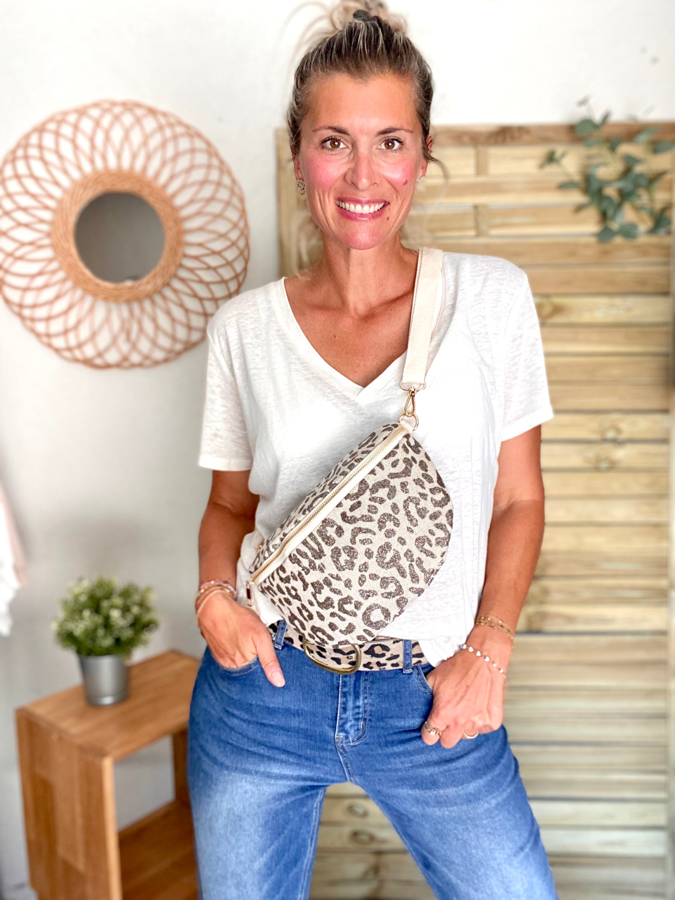 Sac banane L en toile léo Taupe pailleté - SHARON