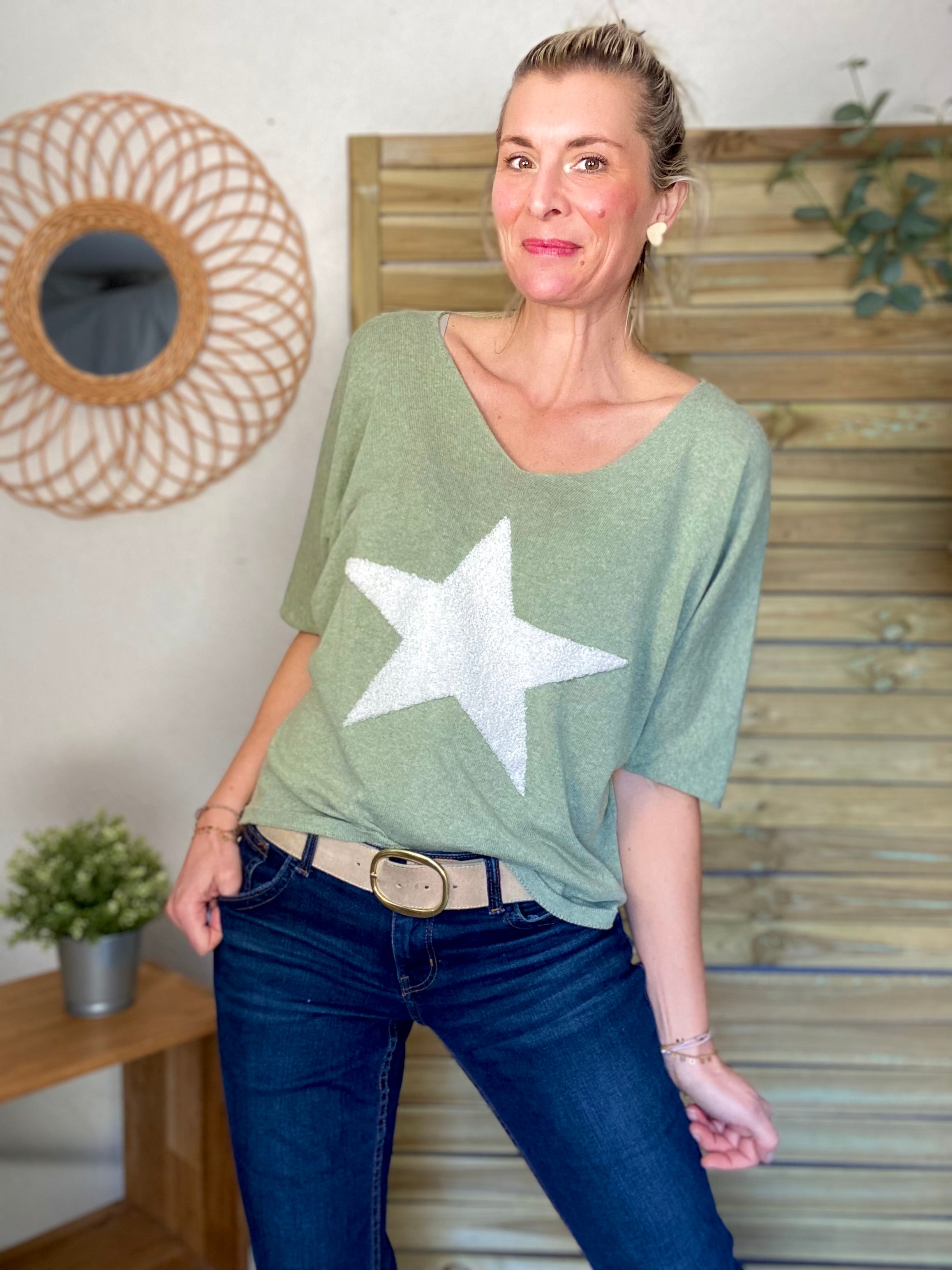 Pull fin Étoile ⭐️ col V PÉNÉLOPE - Vert sauge