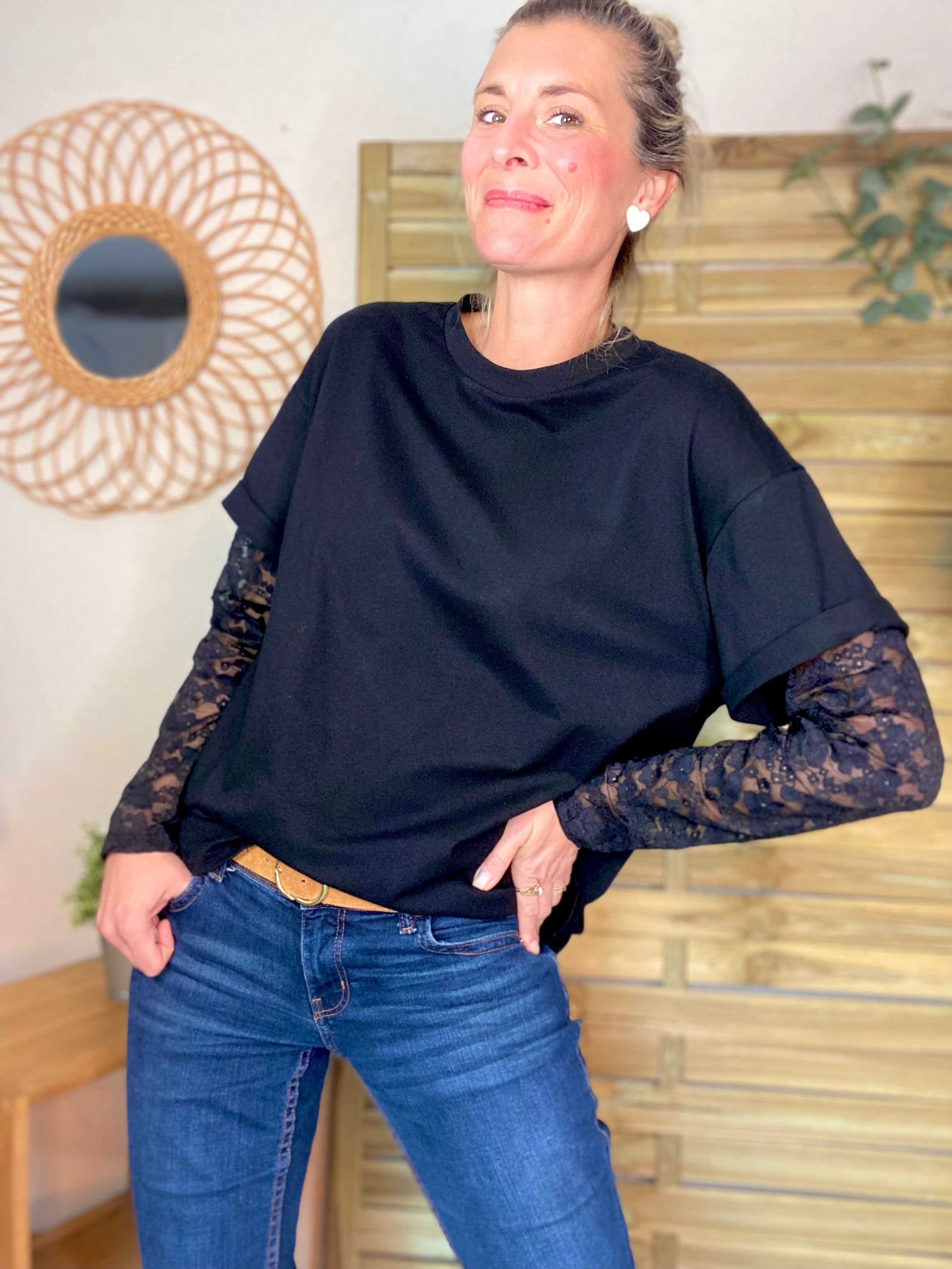 Tee shirt avec manches longues dentelle PAMELA - Noir