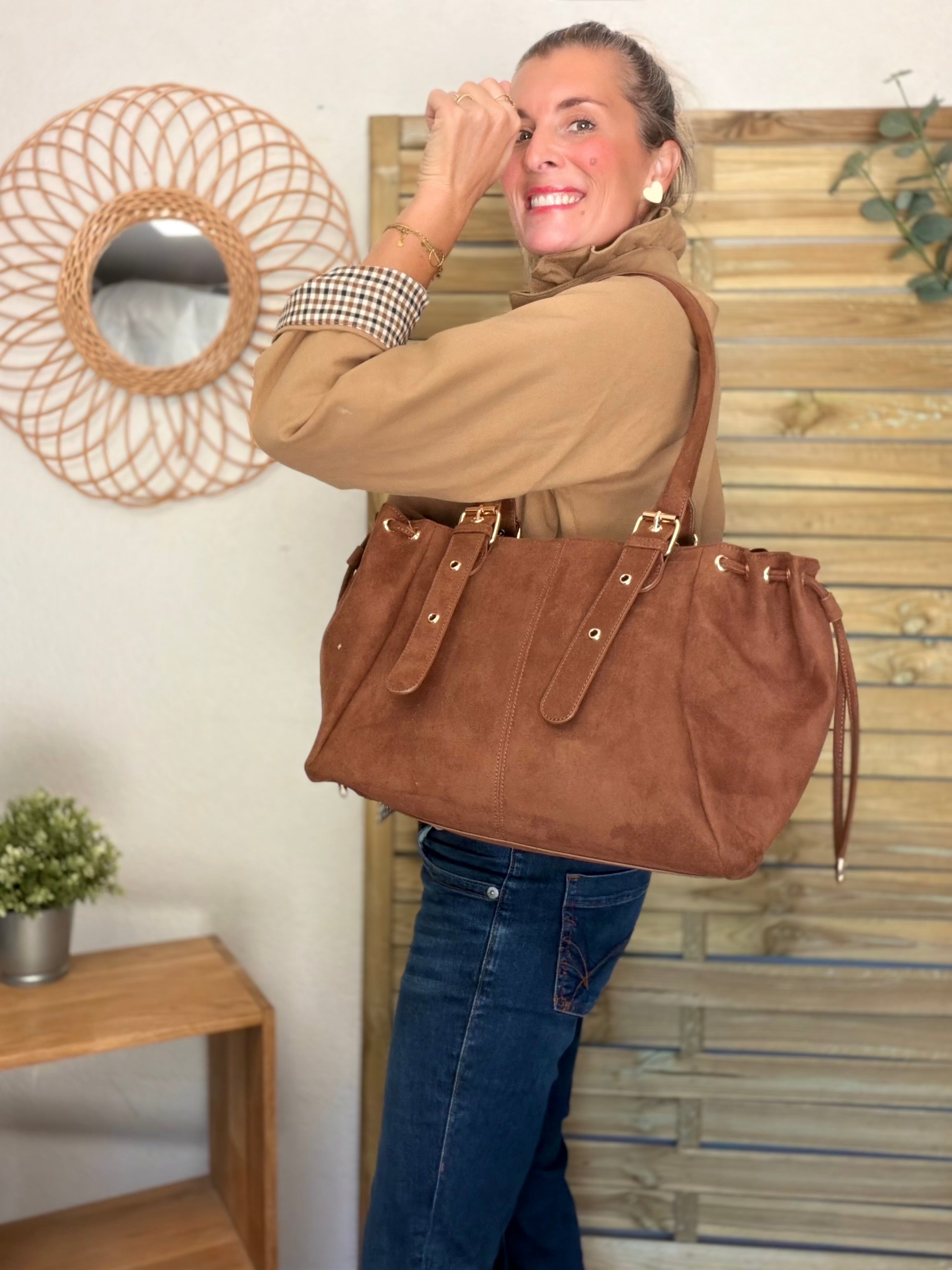 Sac cabas XL simili daim CLÉO Camel
