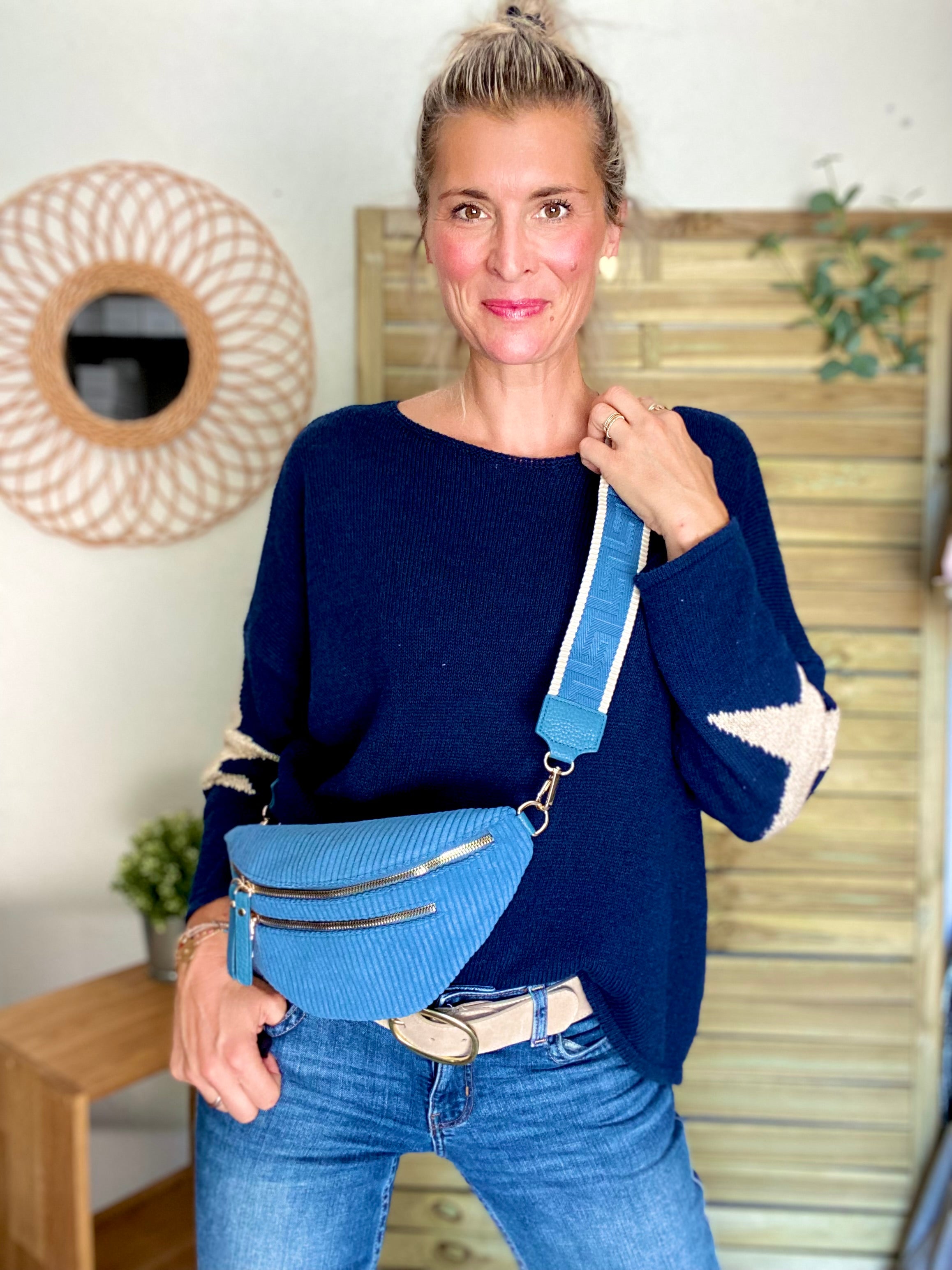 Sac banane en velours côtelé 2 zips et sangle fantaisie - CHARLY - Bleu Jean