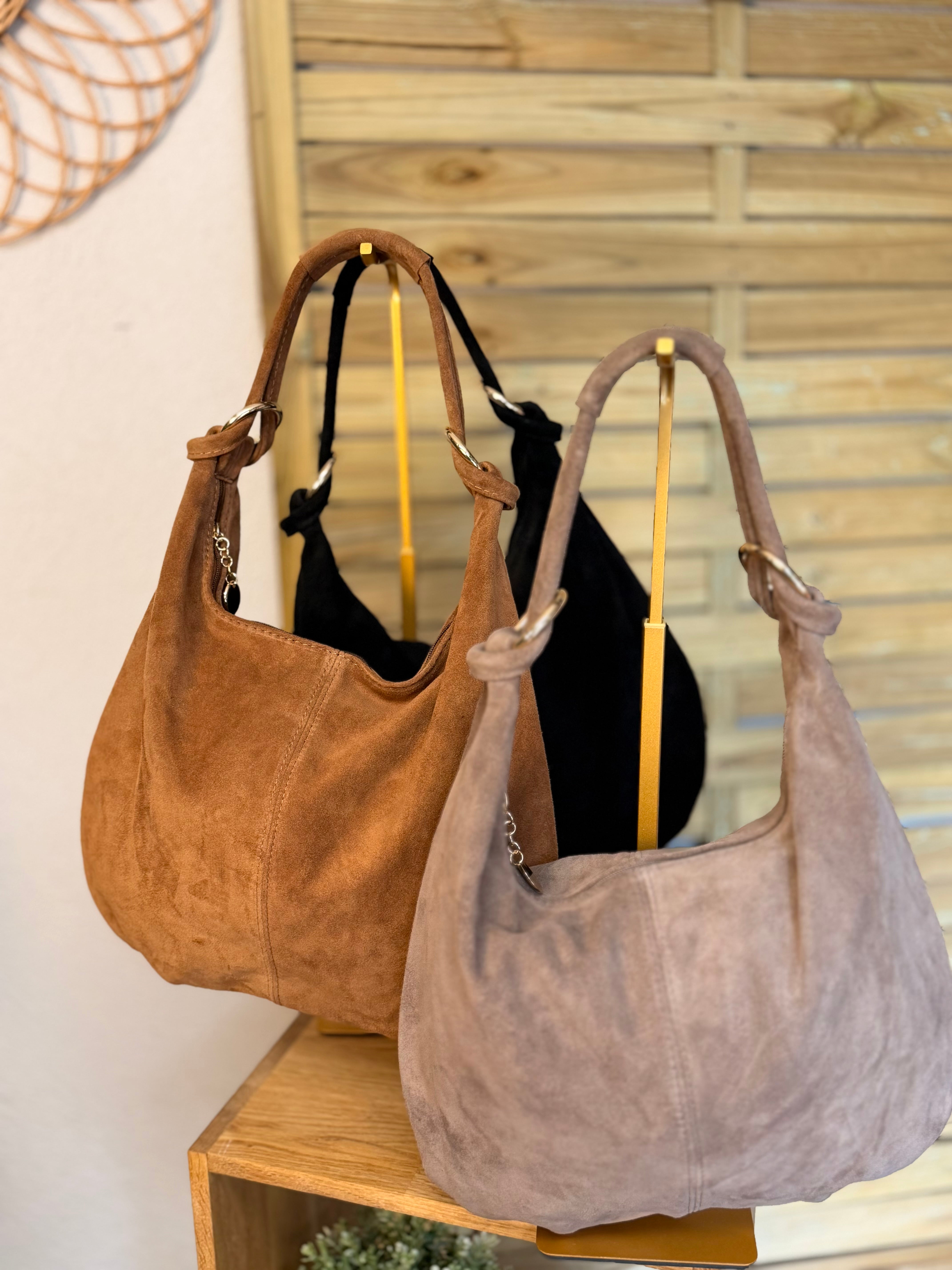 Sac besace hobo en cuir daim souple avec anneaux WILLIAM - Noir