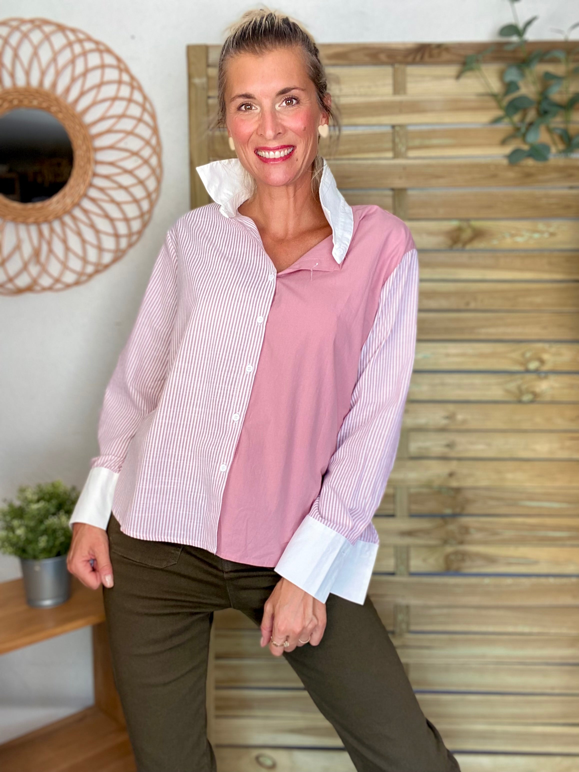 Chemise en coton rayée et uni JULIETTE - Rose