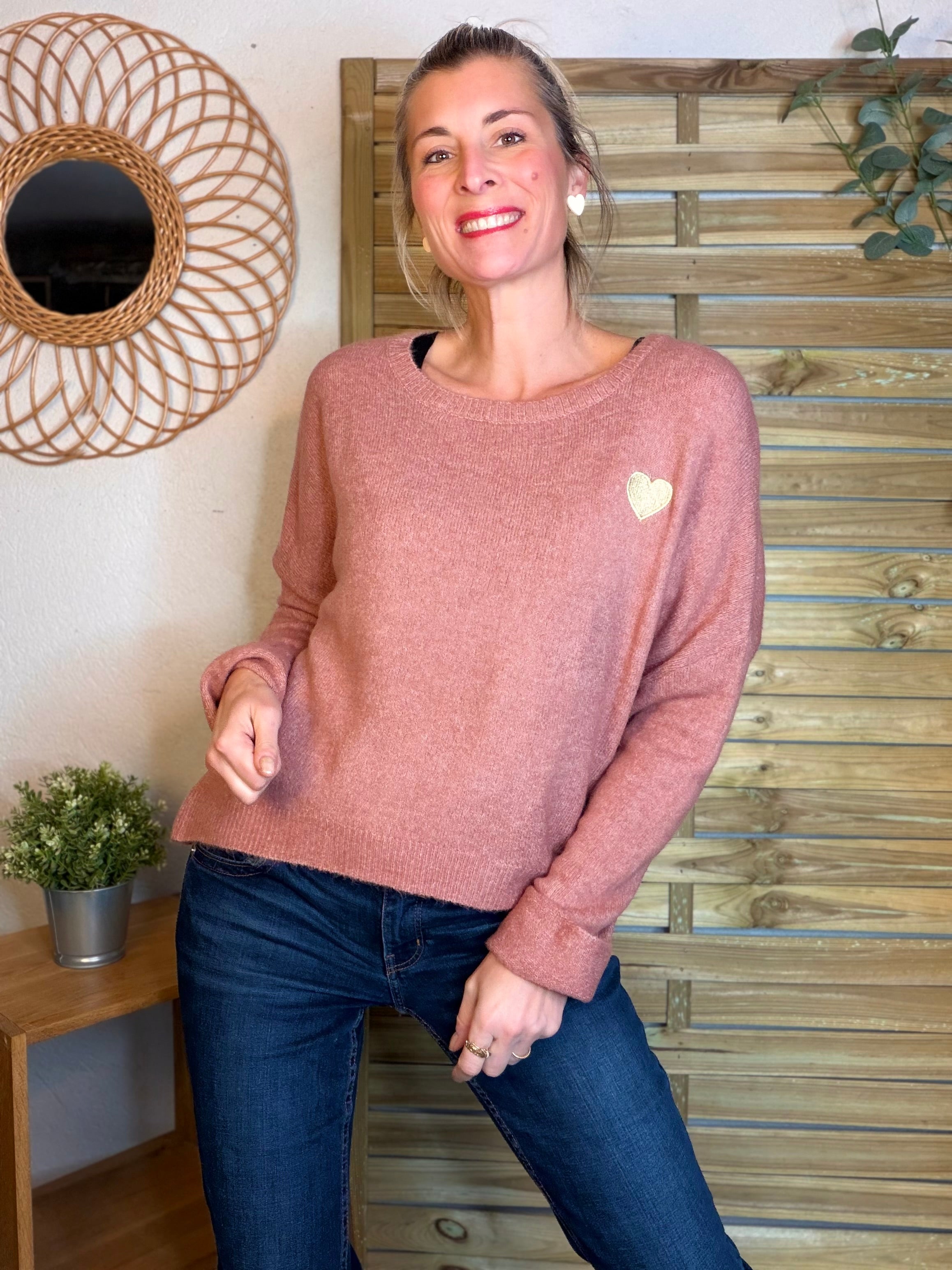 Pull léger en maille cœur doré brodé 💛 MELISSA - Vieux rose