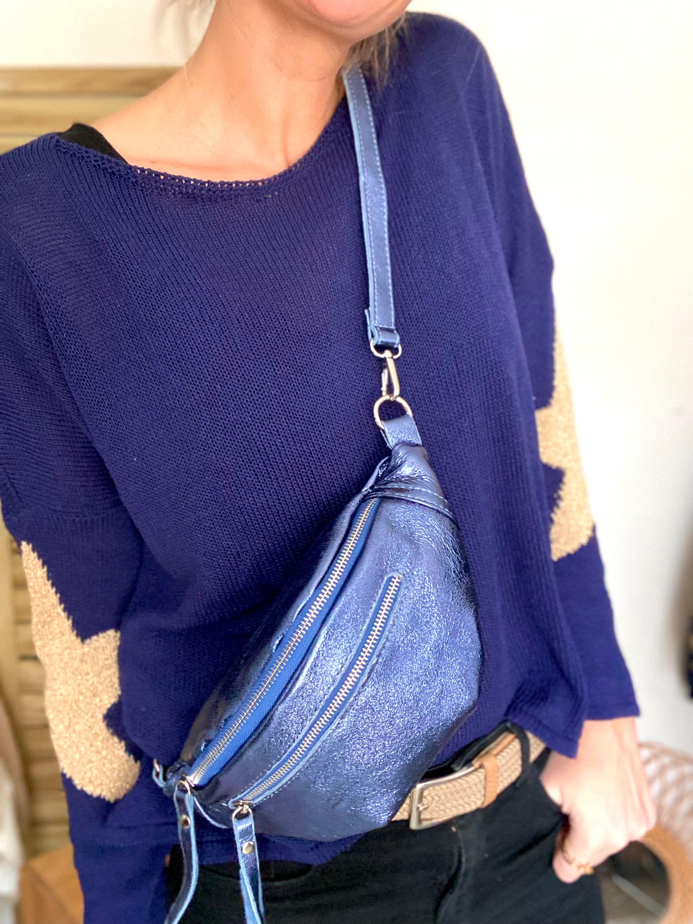 Sac banane en cuir irisé double poche - OPALE  - Bleu jean