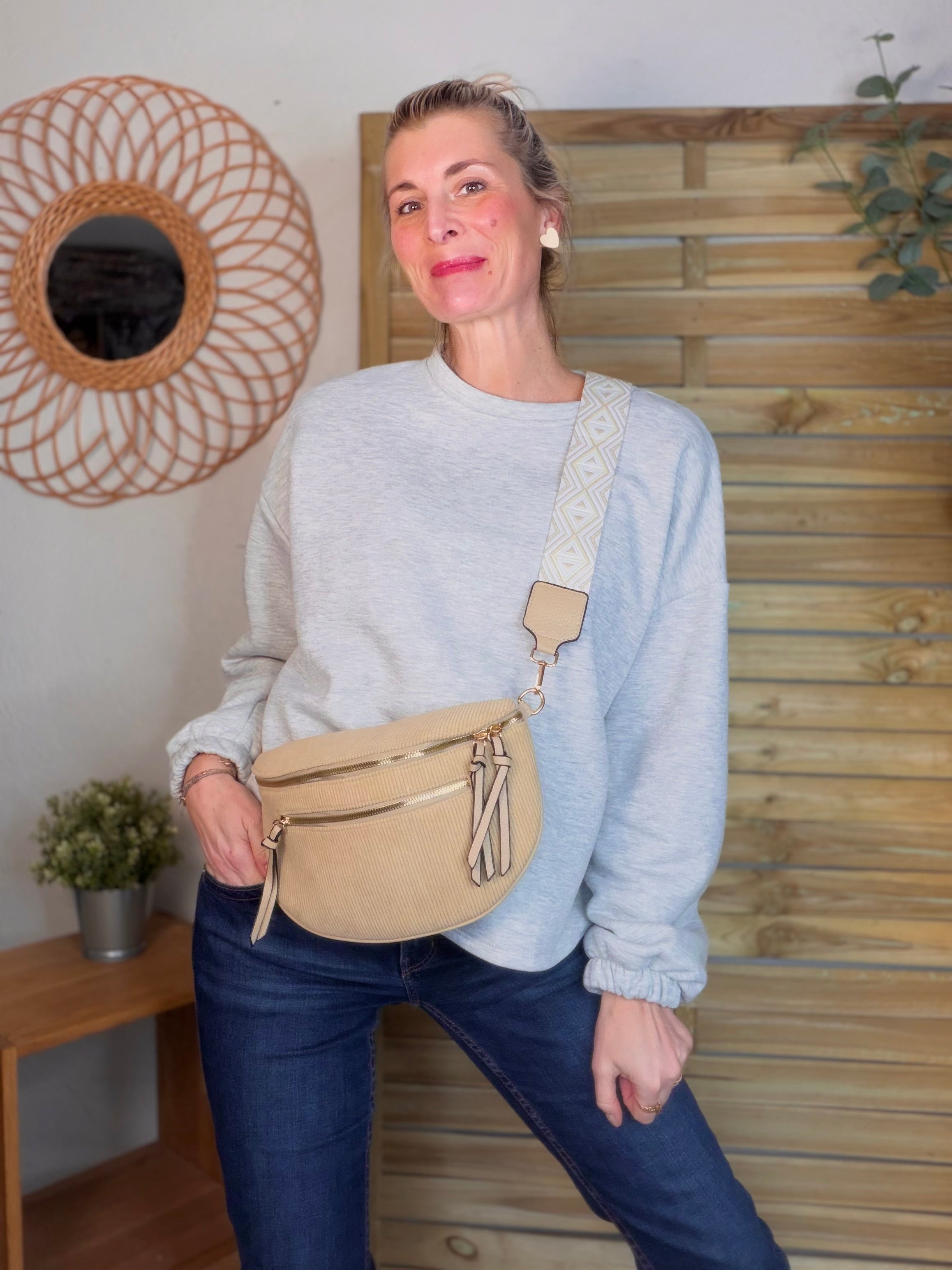 Sac banane en velours côtelé, sangle fantaisie - KATY - Camel clair