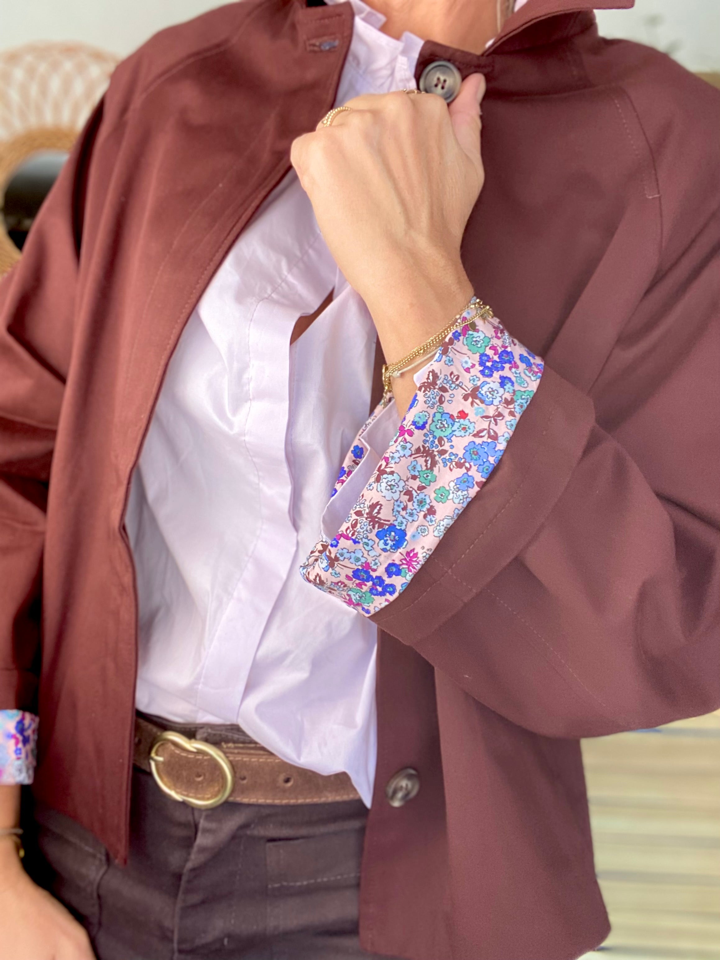 Veste Trench en coton bordeaux foncé avec Liberty - MAHAUT