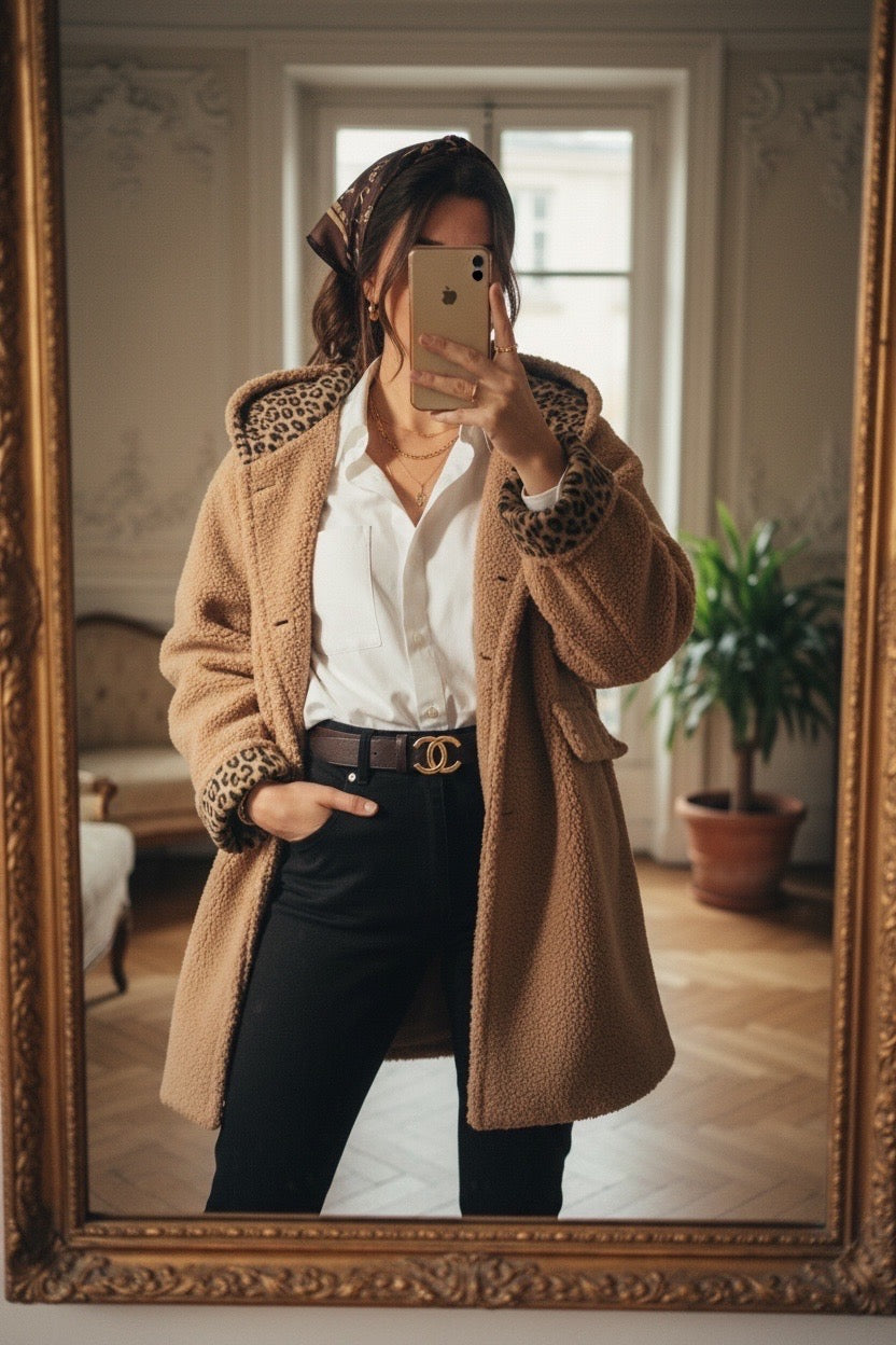 Manteau sherpa (bouclette) APOLLINE avec détails Léo - Beige - SOLDES