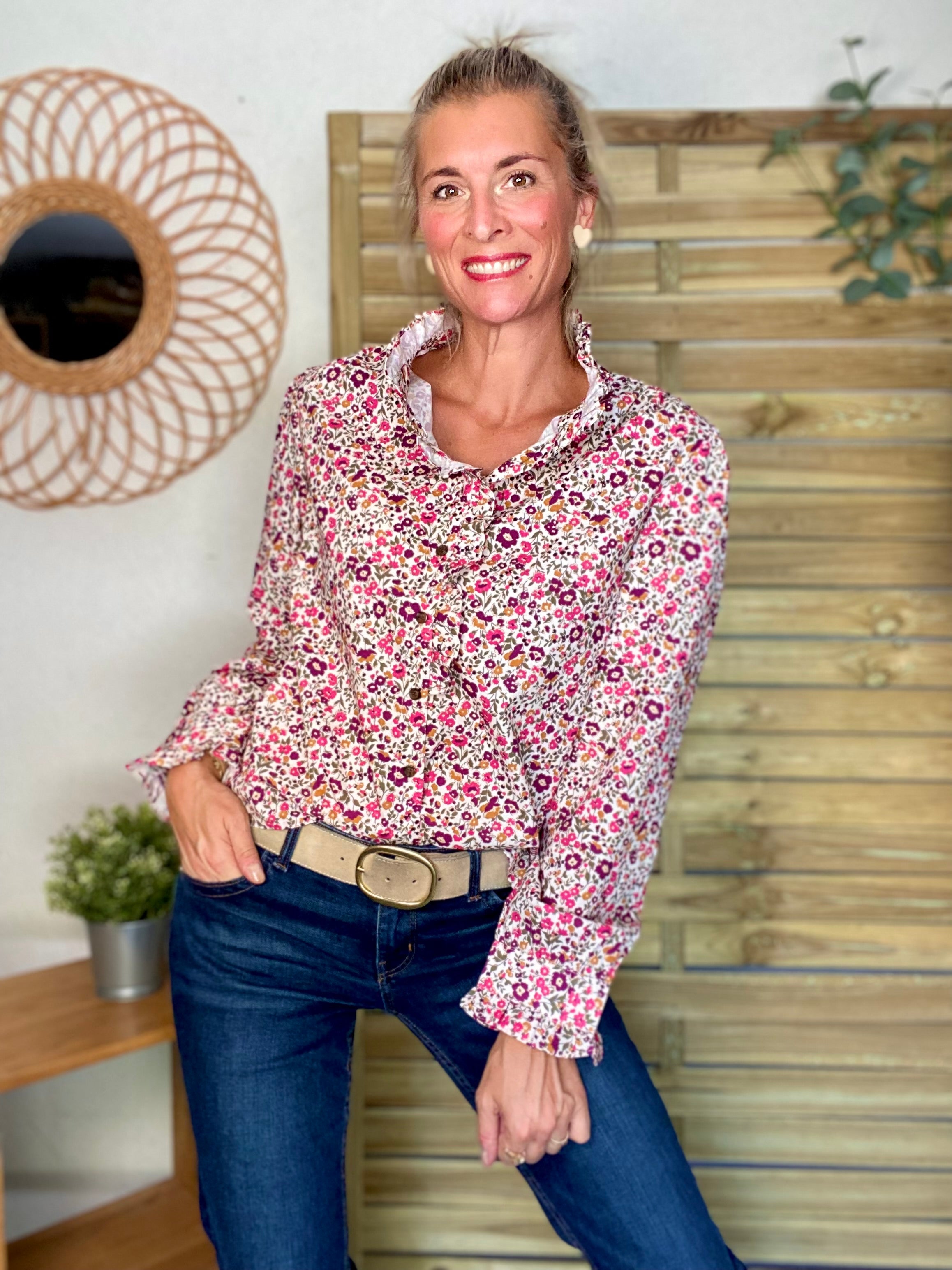 Chemise imprimé Liberty rose, col victorien volanté HÉLOÏSE