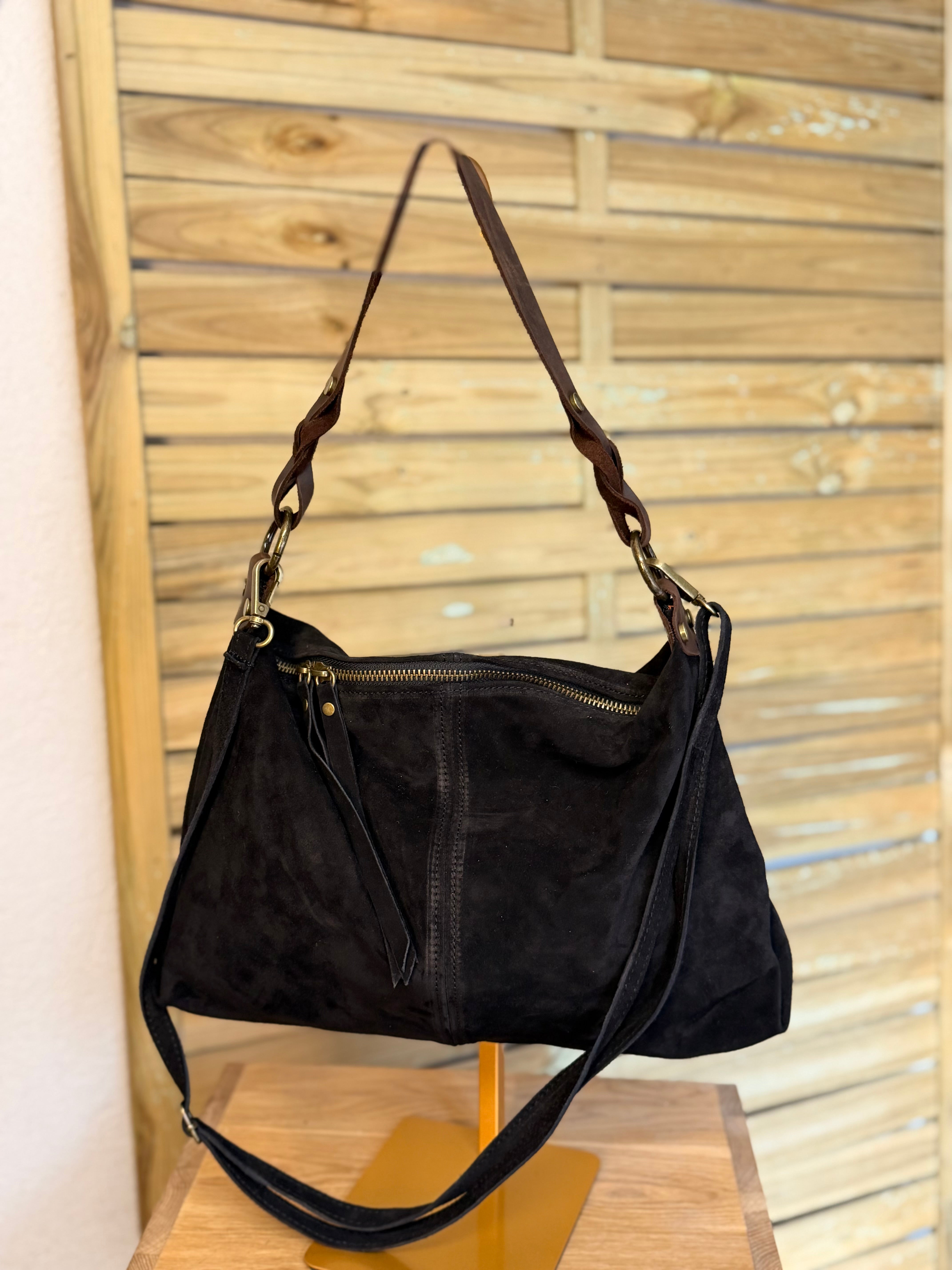Sac hobo en cuir daim souple, double bandoulière ANDREW Noir