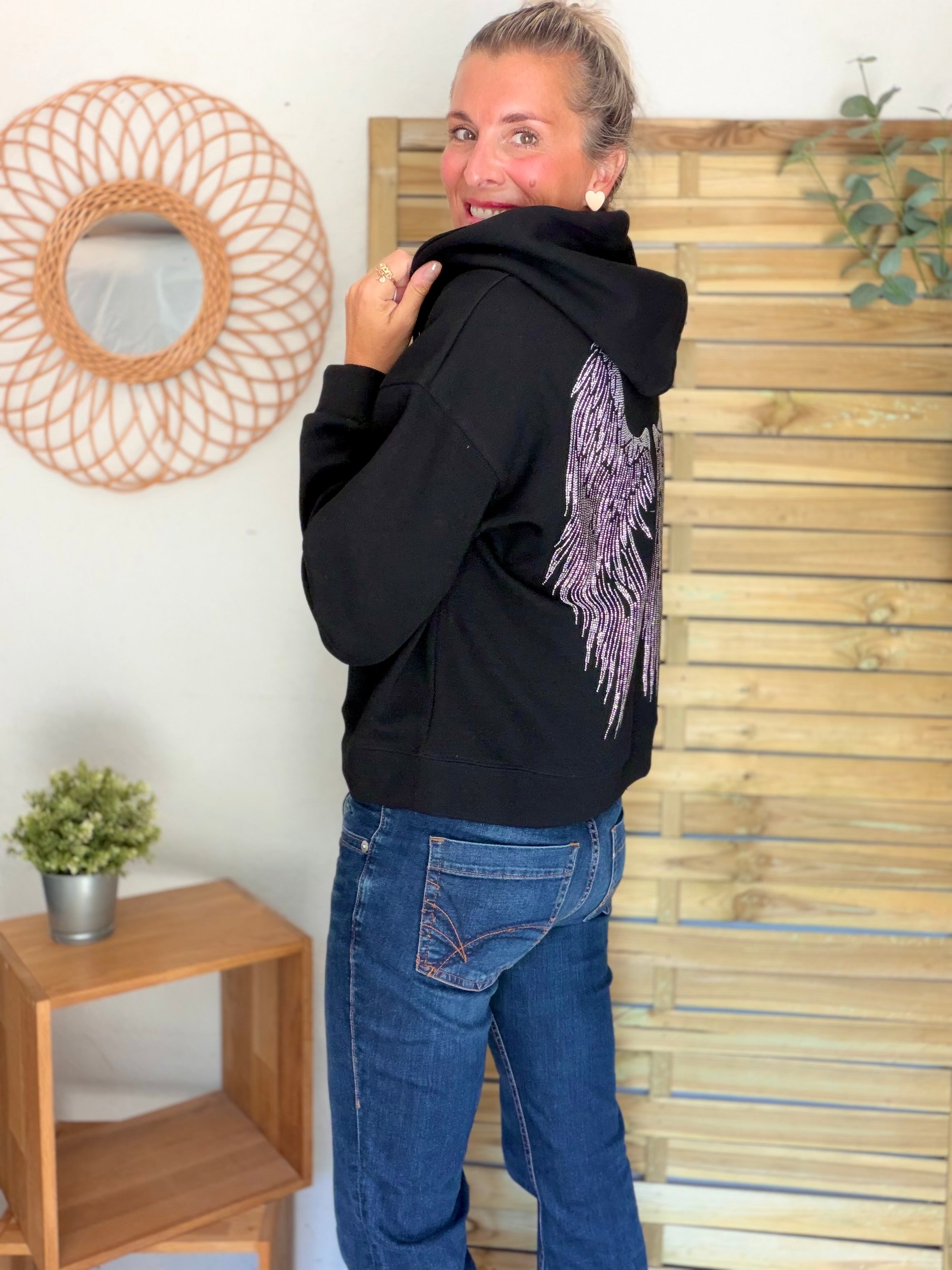 Hoodie sweat gilet strass (ailes) CLOTHILDE - Noir