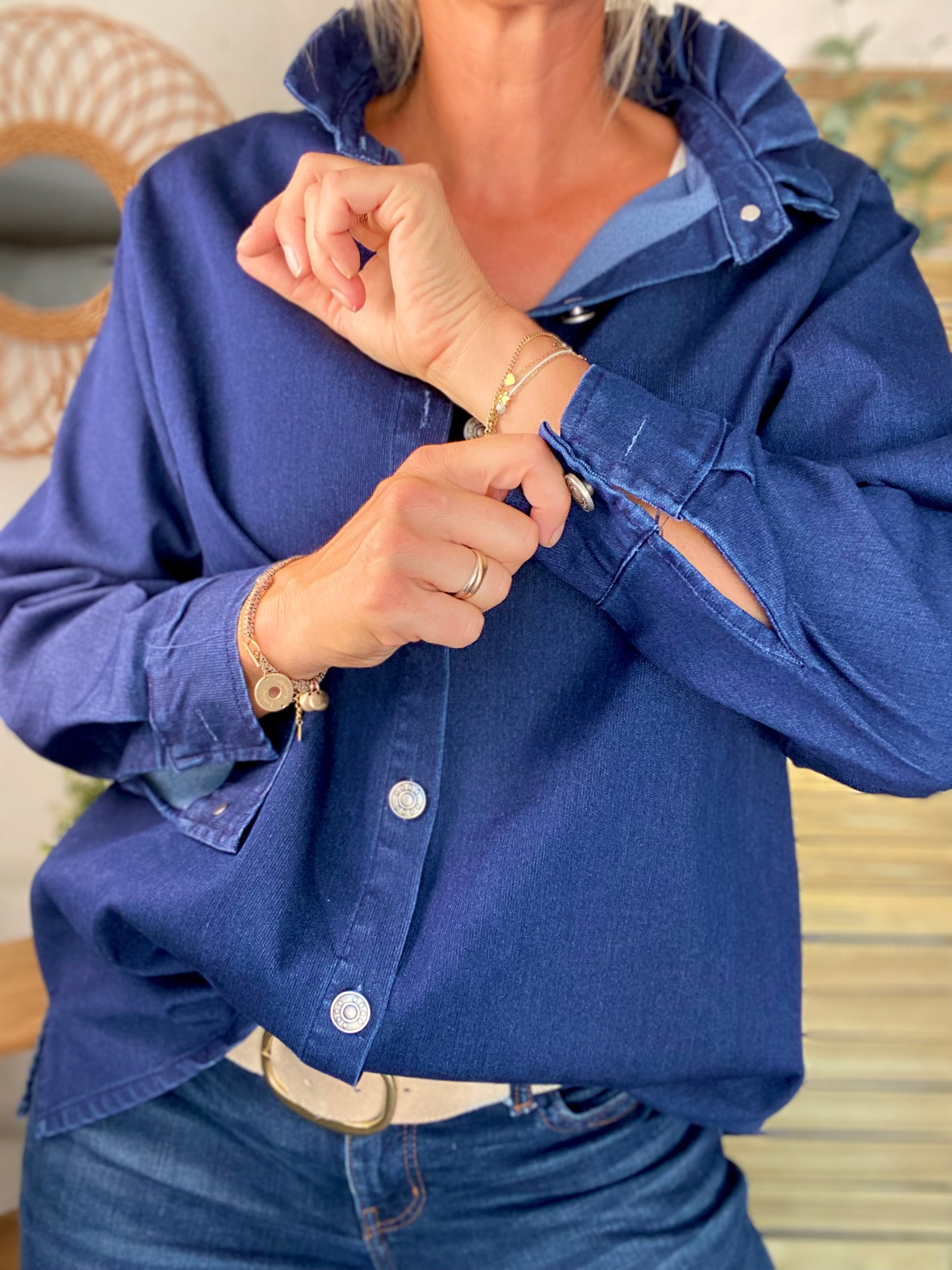 Veste / Chemise en coton, col volanté Bleu Jean LISON