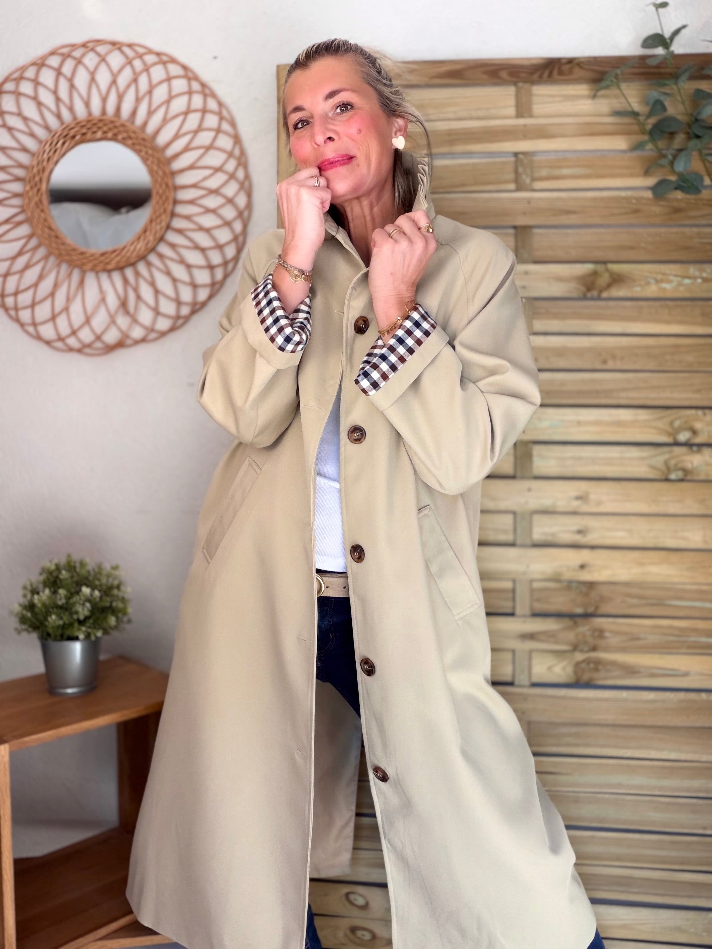 Veste Trench col victorien avec vichy - VICKY LONG Beige