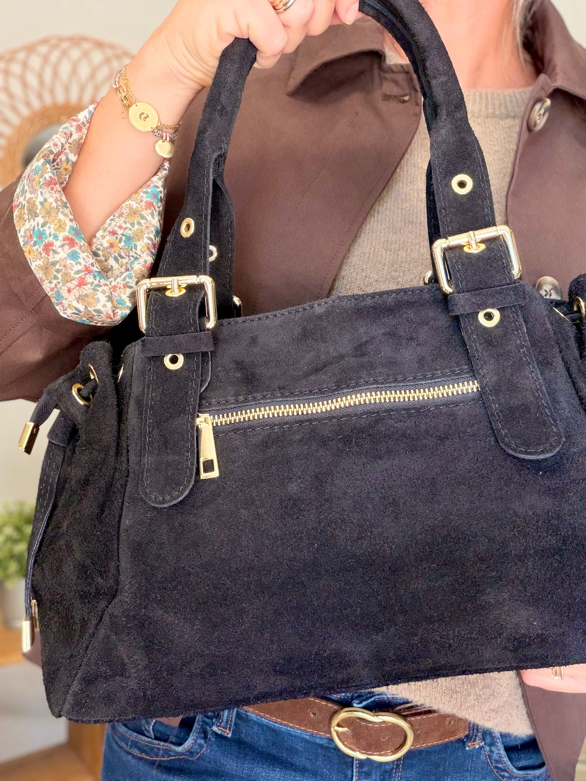 Sac à main en cuir daim GERY - Noir