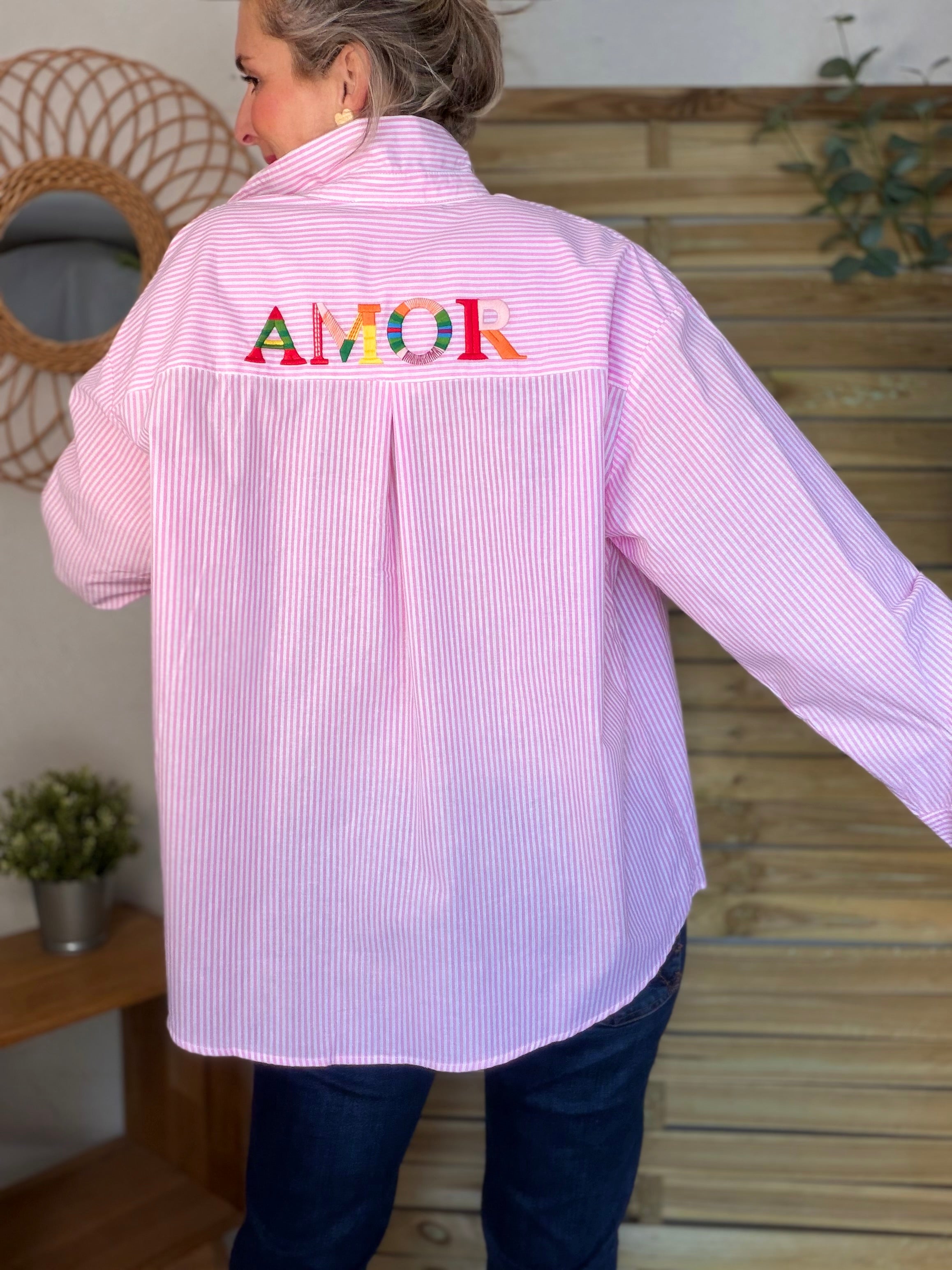 Chemise rayée brodée AMOR rose ❤️☀️ SHANIA
