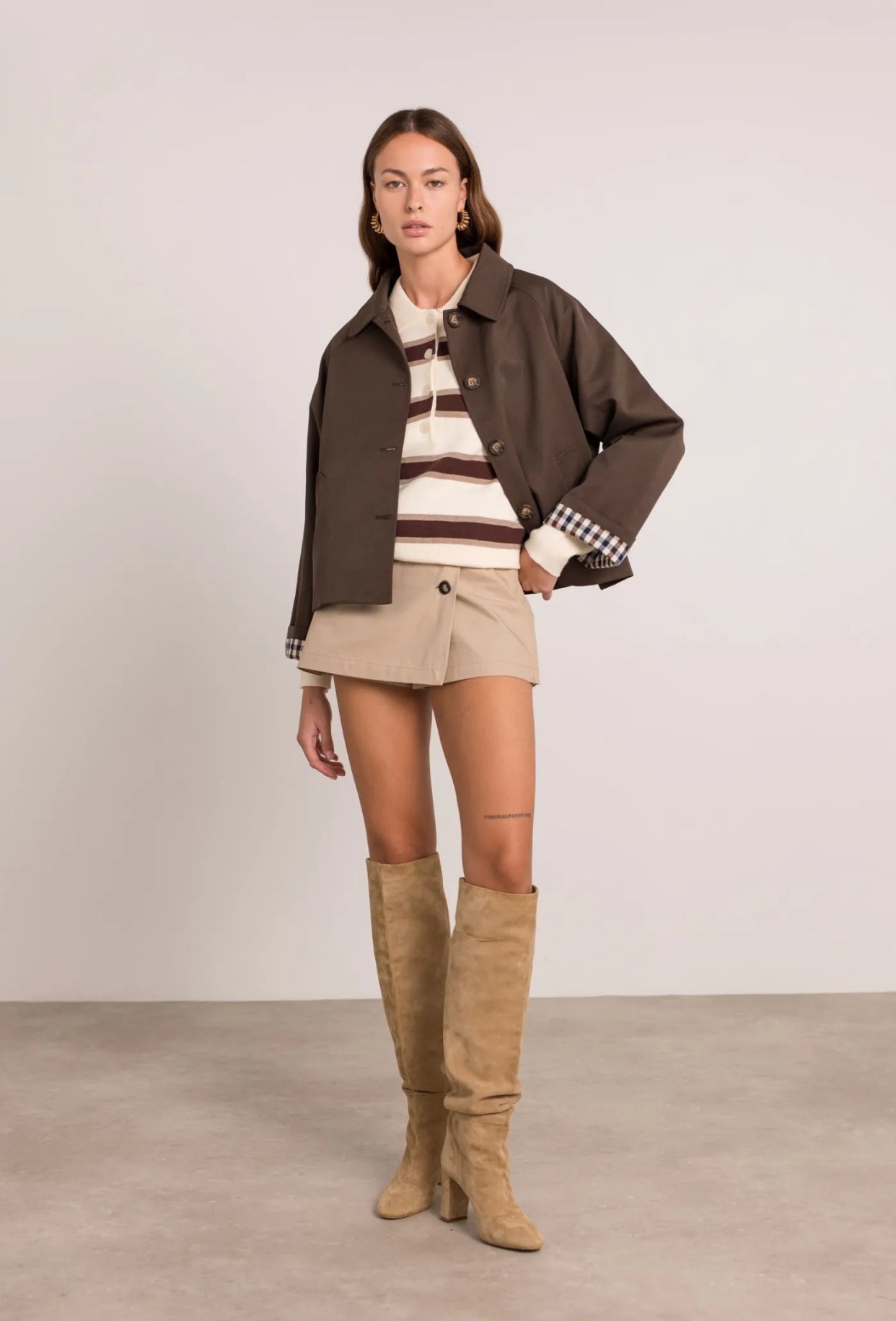 Veste Trench en coton avec vichy - YSEULT court Chocolat