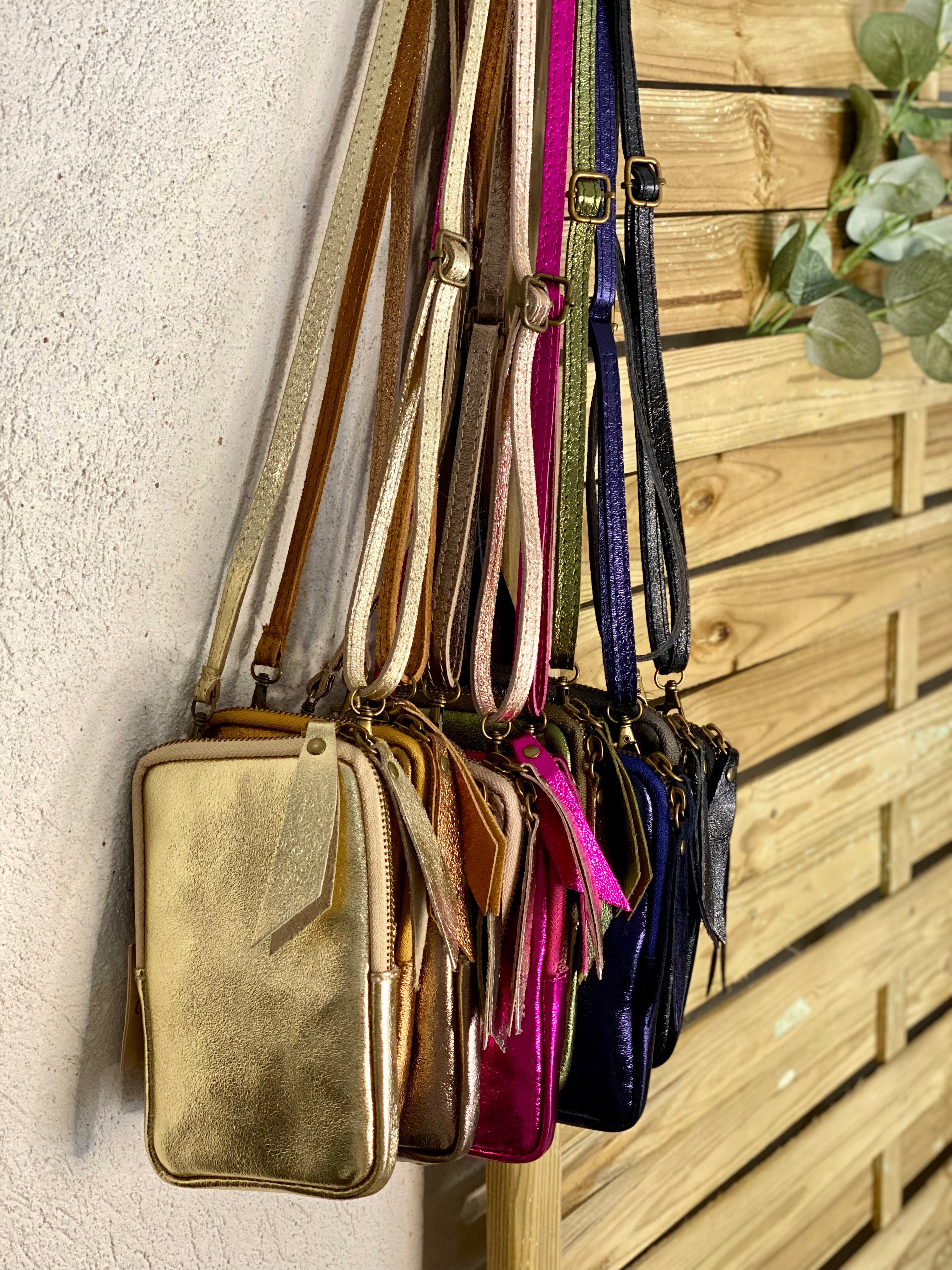 Pochette bandoulière pour téléphone en cuir irisé - STELLA - Bronze (9 coloris)