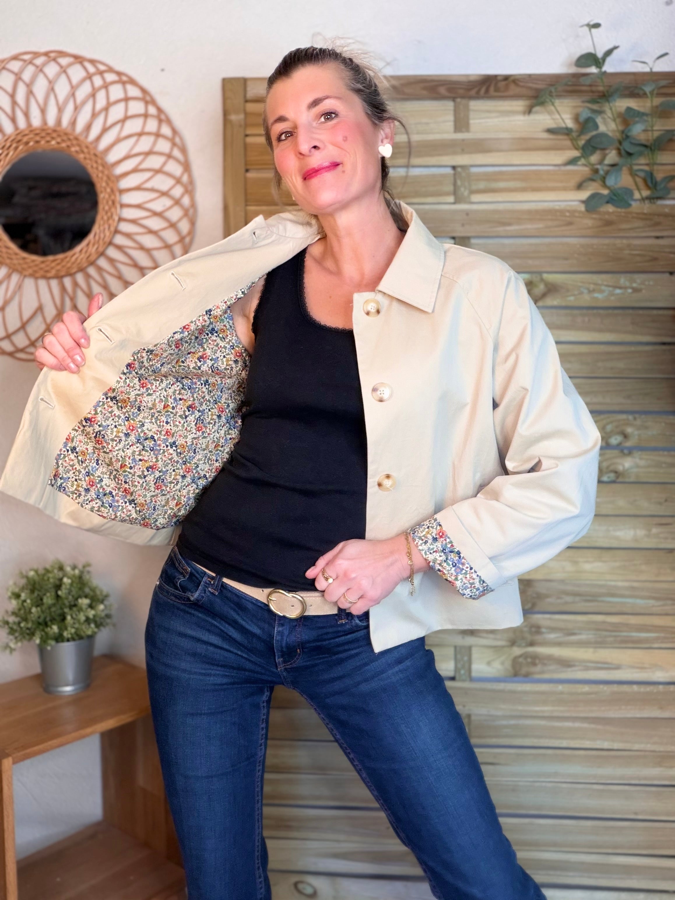 Veste Trench en coton beige avec Liberty - MARION (Taille 2 ans à la Taille L)