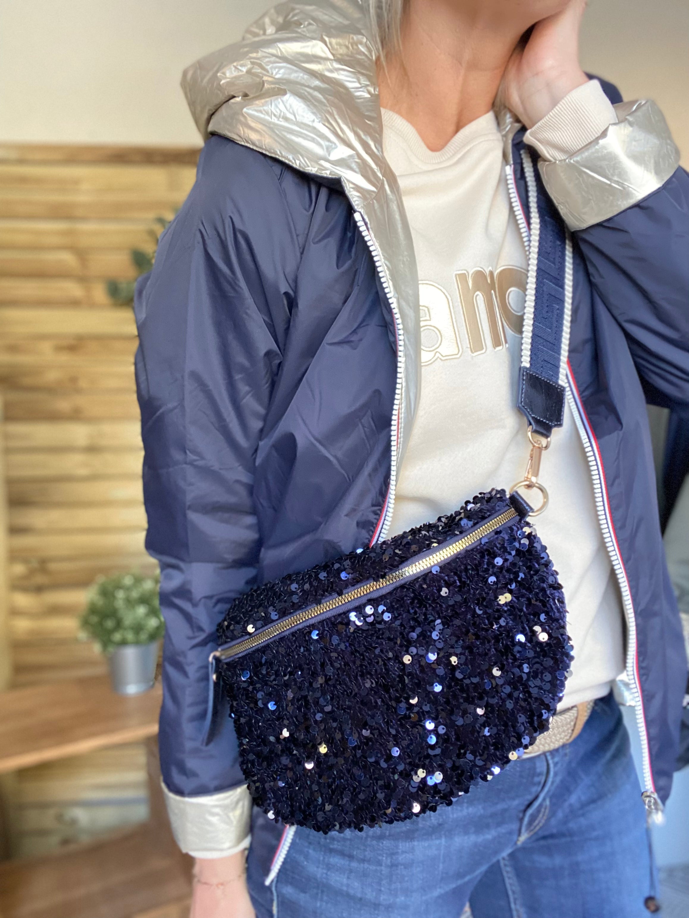 Sac banane L à sequins 30cm et sangle fantaisie - ROXY - Bleu marine