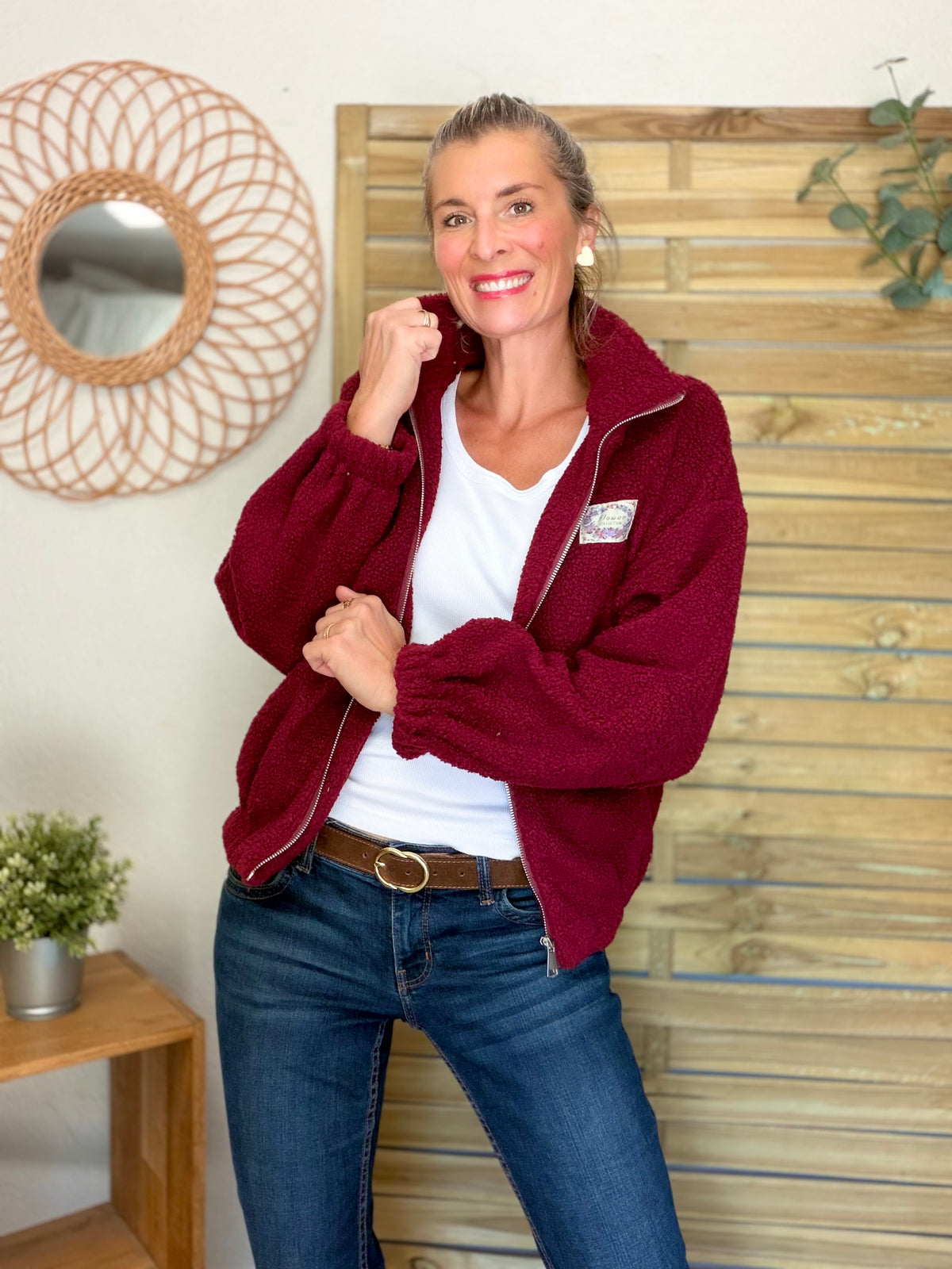 Veste Sherpa zippée LÉONIE Bordeaux