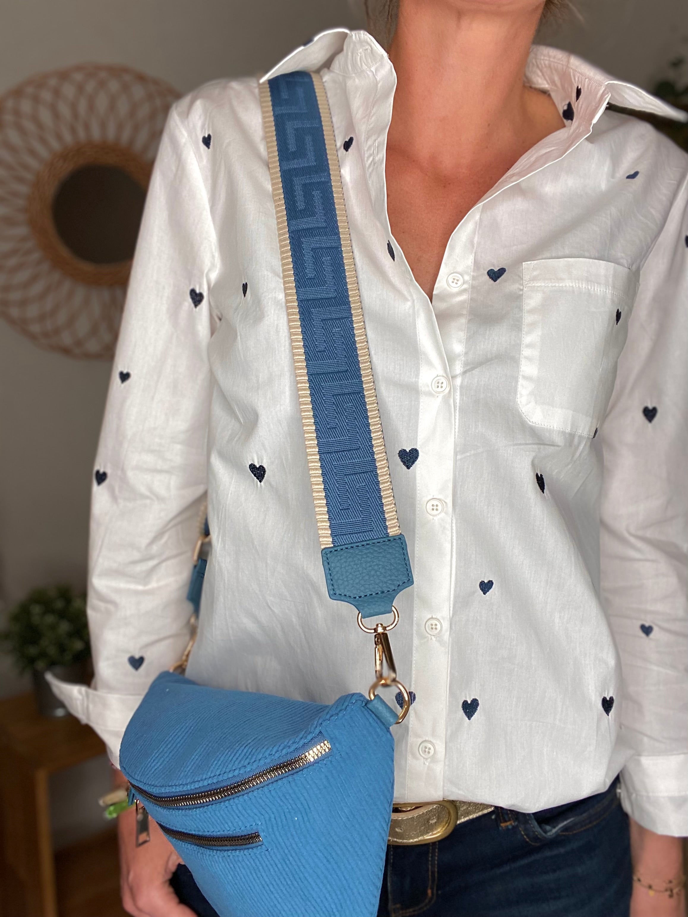 Sac banane L en velours côtelé 2 zips et sangle fantaisie - ASHLY - Bleu jean