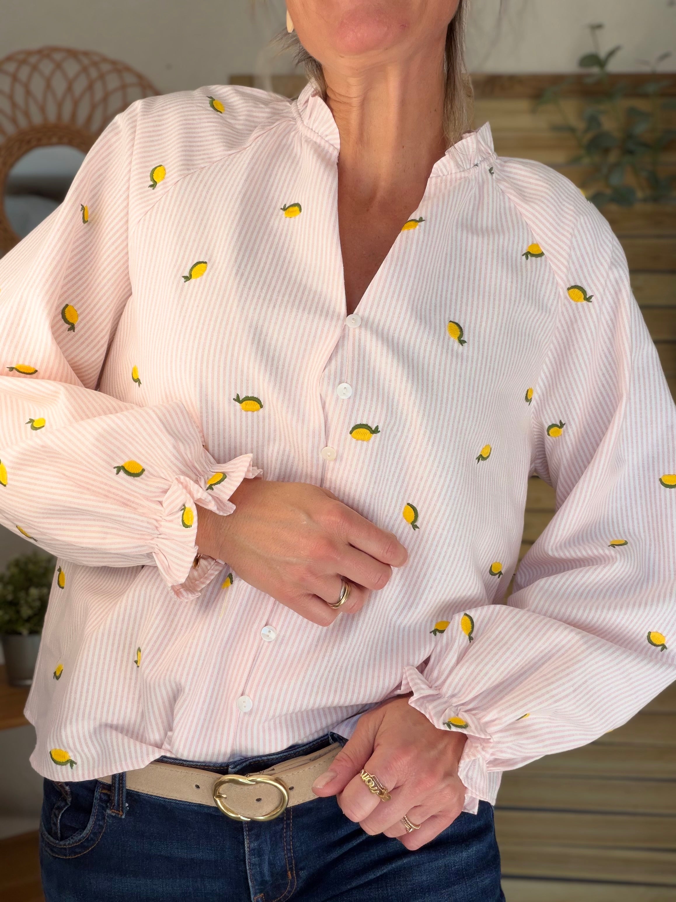 Blouse rayée rose avec citrons brodés 🍋 NICOLE