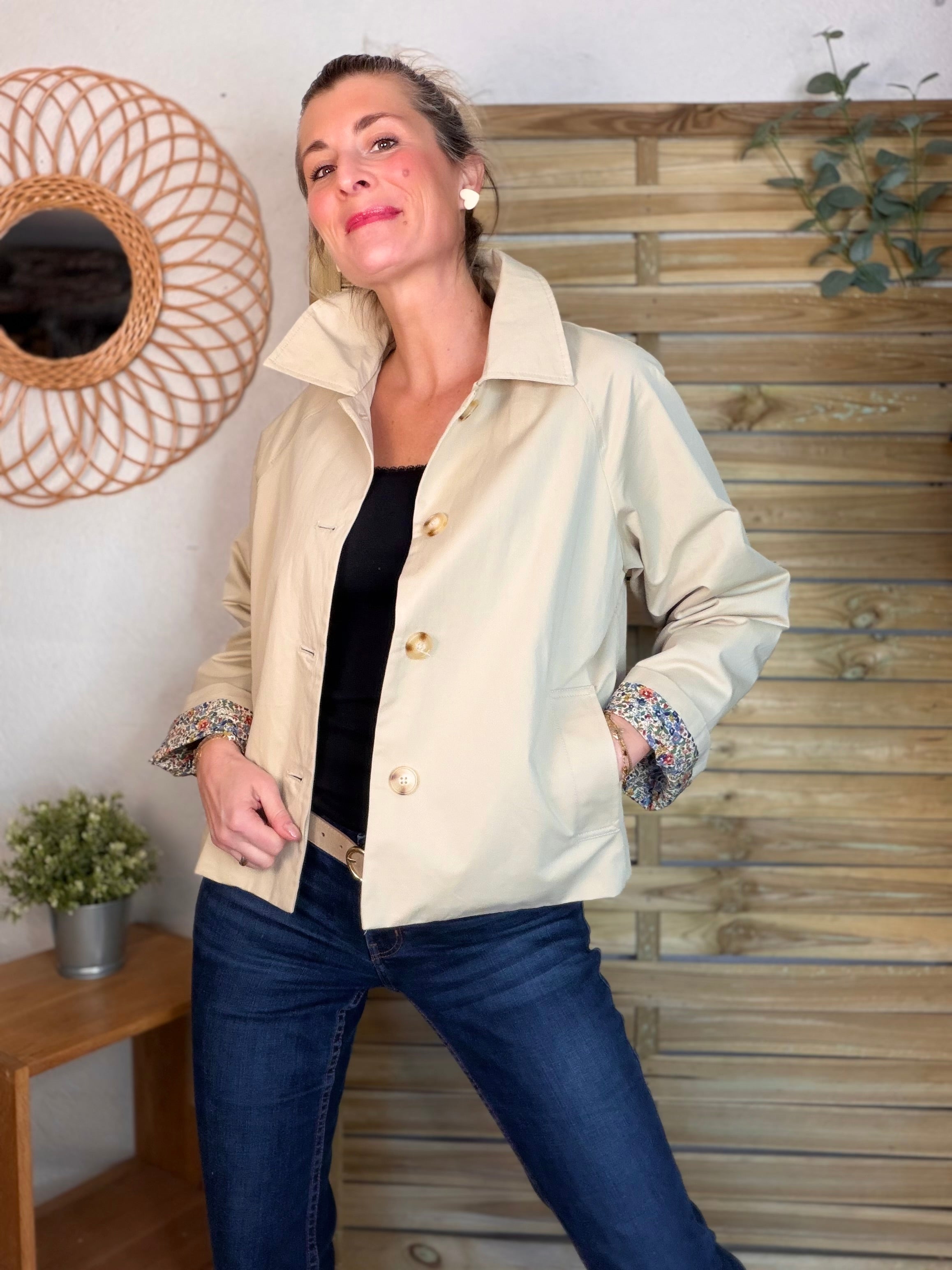 Veste Trench en coton beige avec Liberty - MARION (Taille 2 ans à la Taille L)