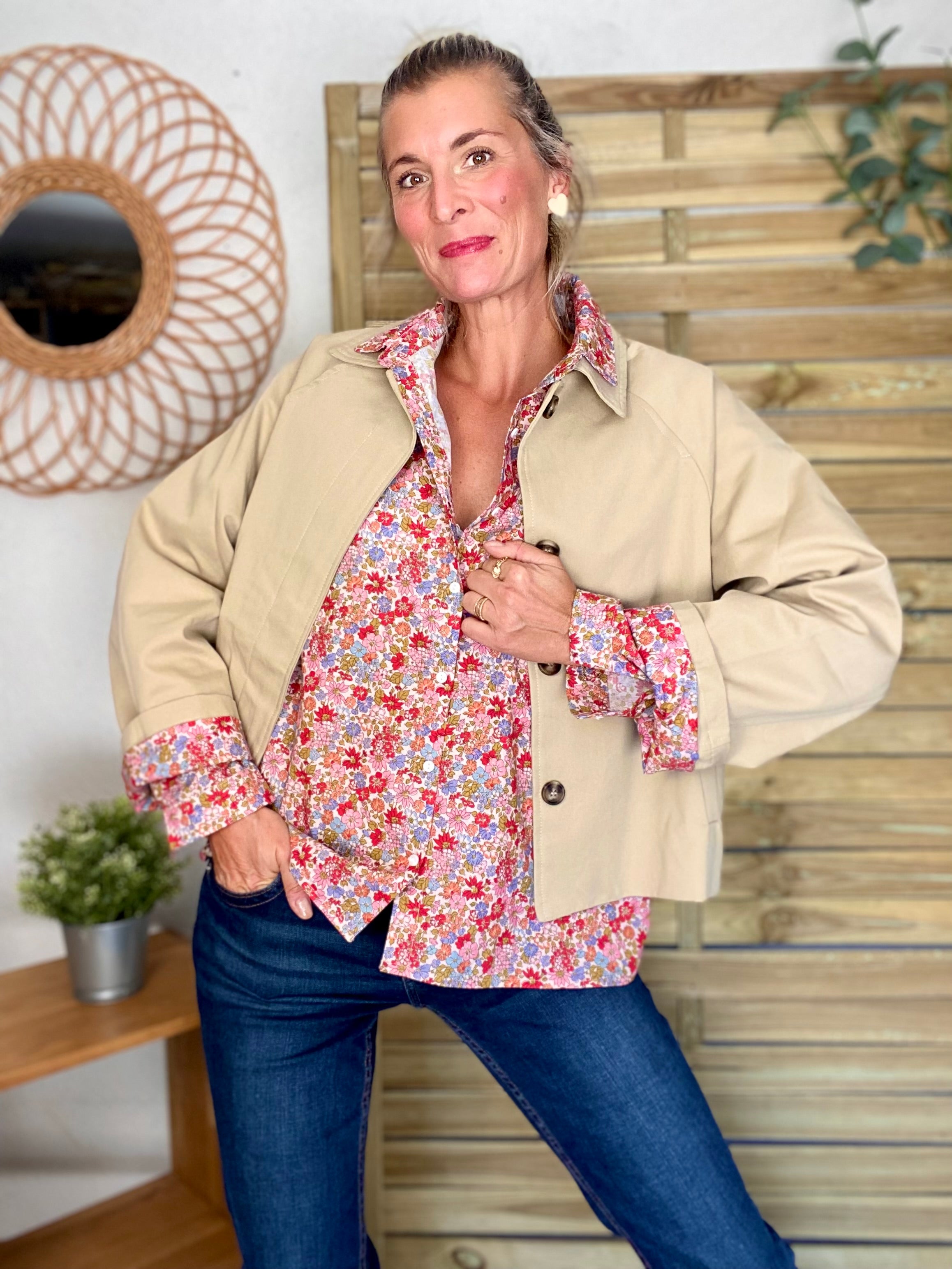 Veste Trench en coton beige avec Liberty - MAHAUT