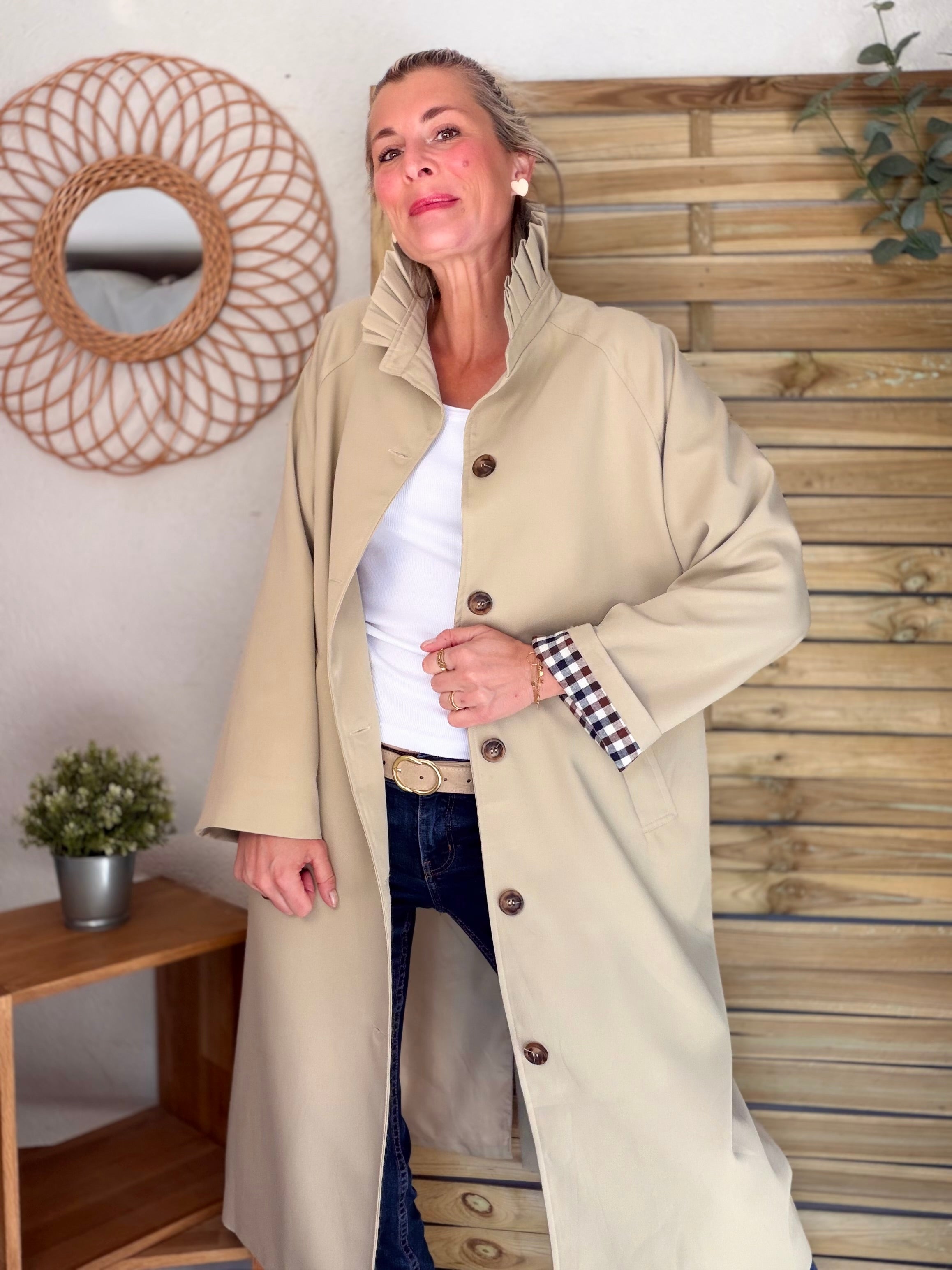 Veste Trench col victorien avec vichy - VICKY LONG Beige