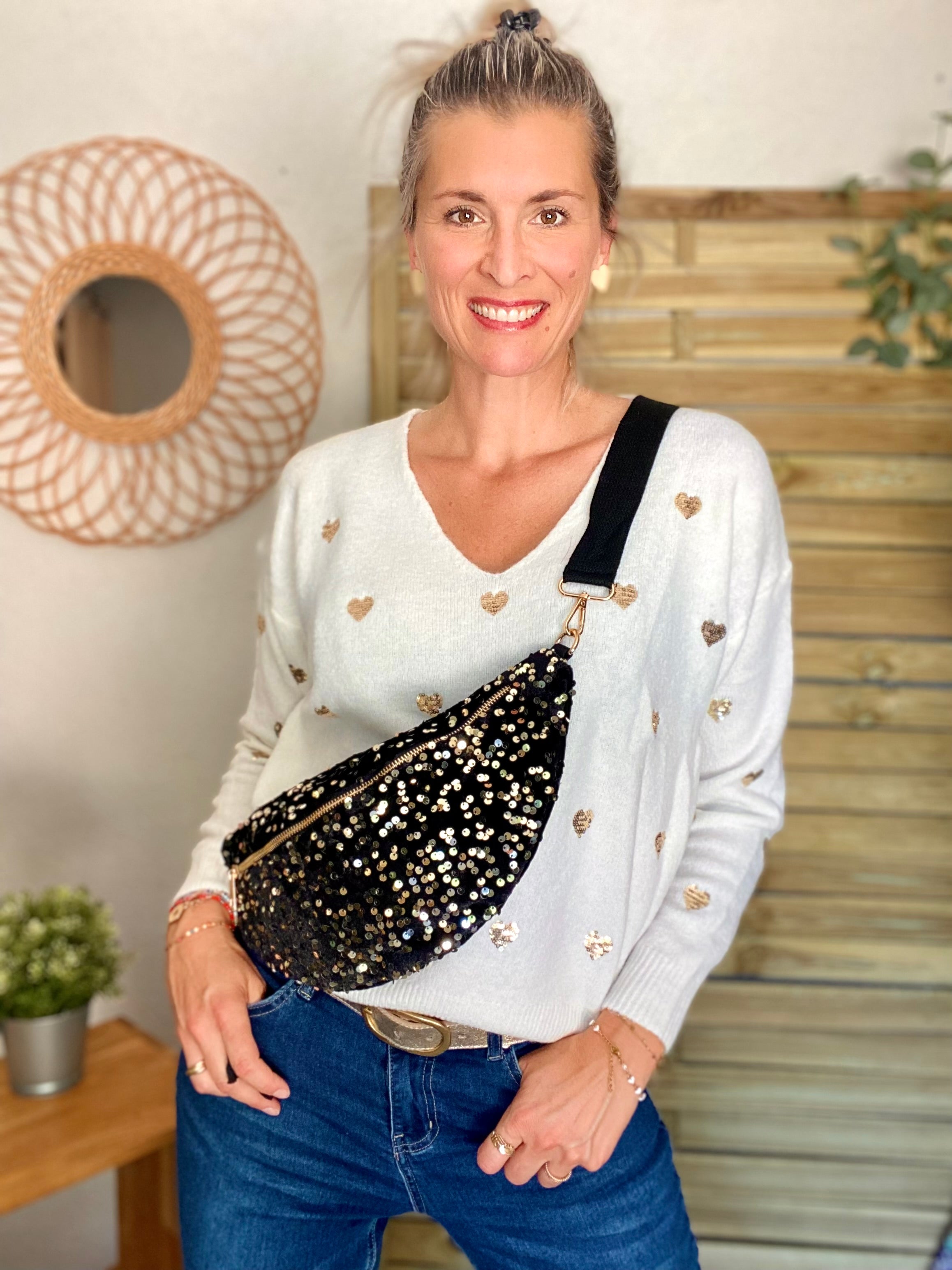 Sac banane L velours à sequins Ciao Boum - TAYLOR - Noir à sequins dorés