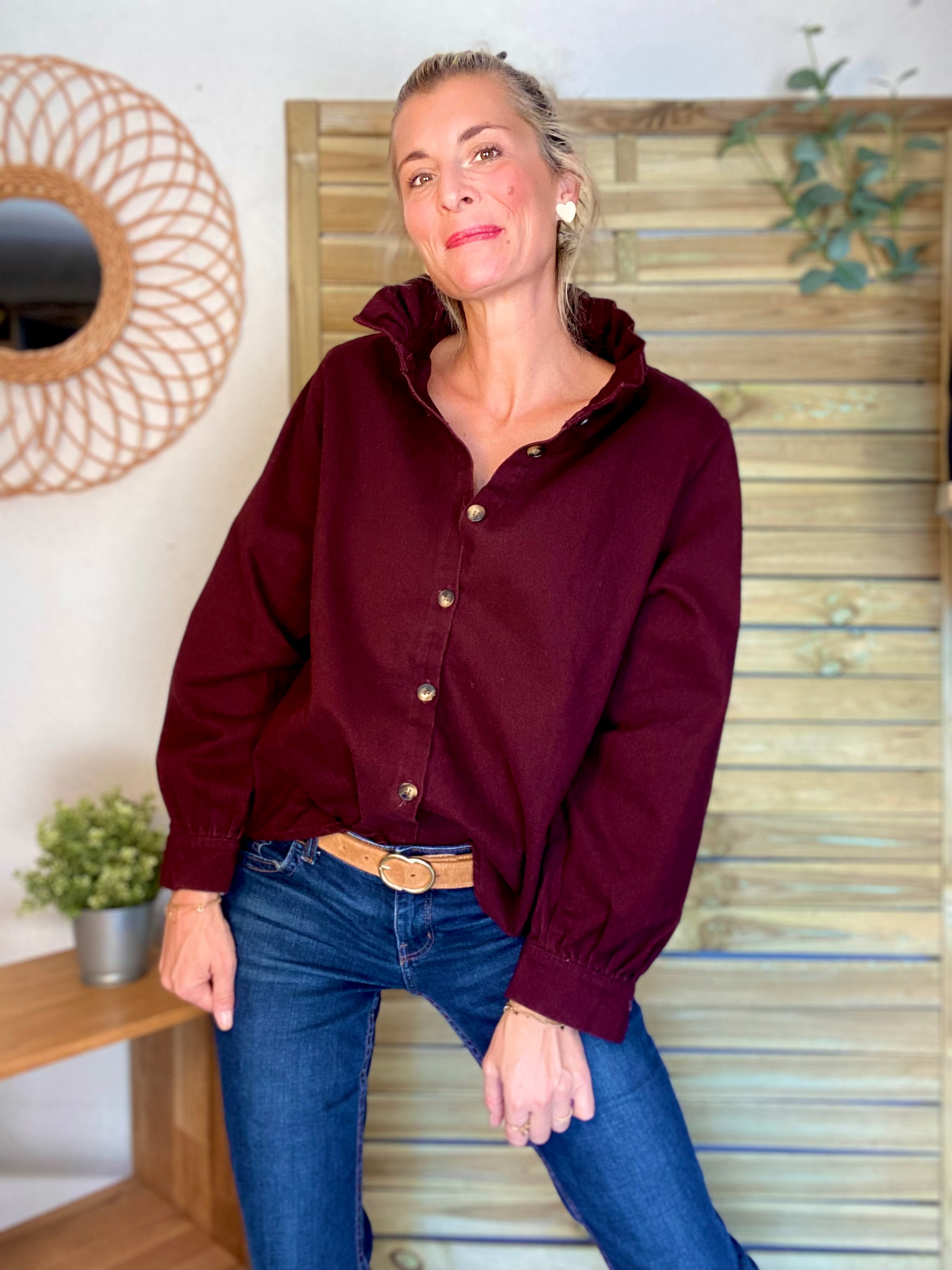 Veste / Chemise en coton, col victorien volanté LISA - Prune