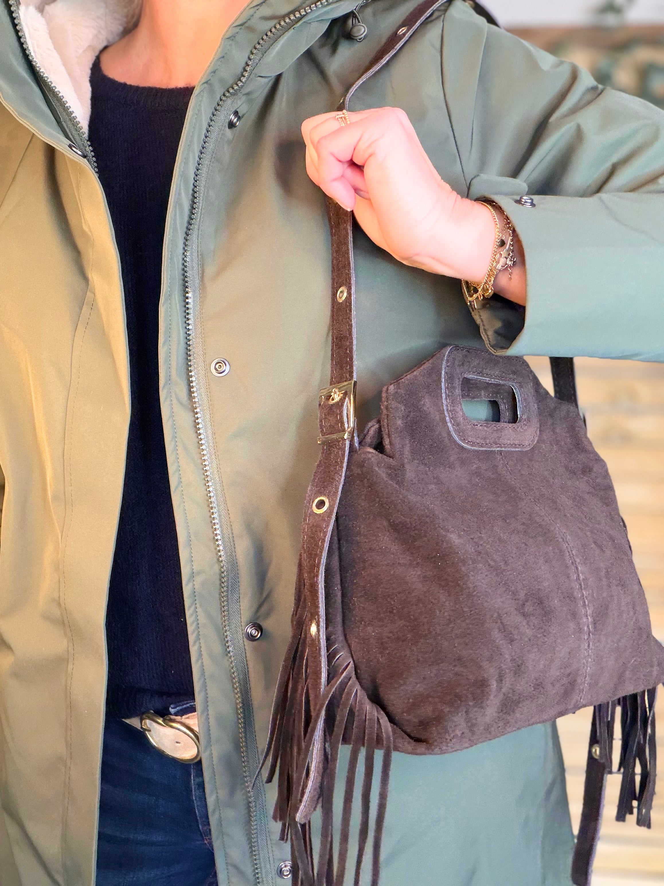 Sac en cuir daim avec franges LOGAN - Chocolat