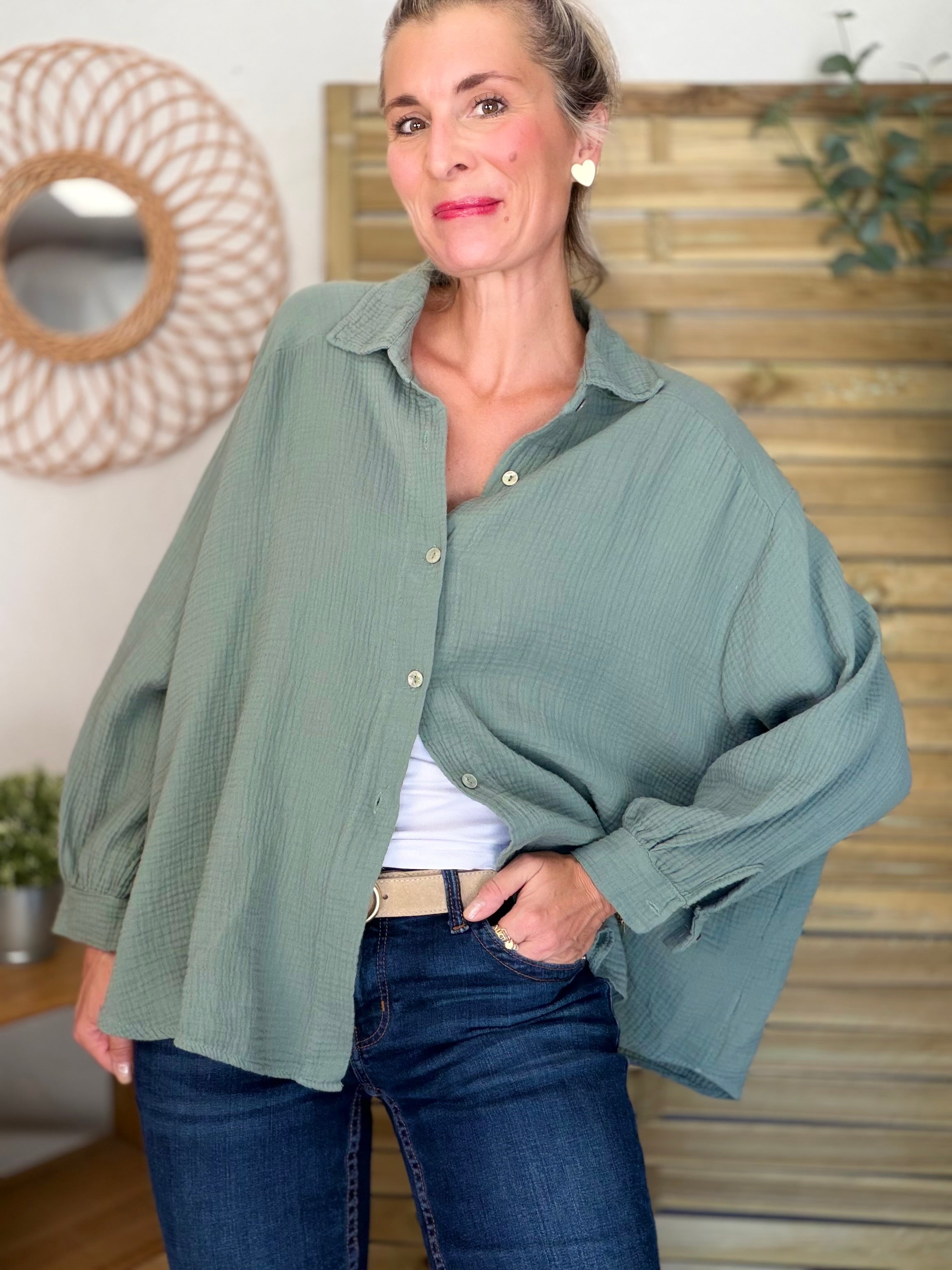 Chemise en gaze de coton unie FÉLICIA Kaki