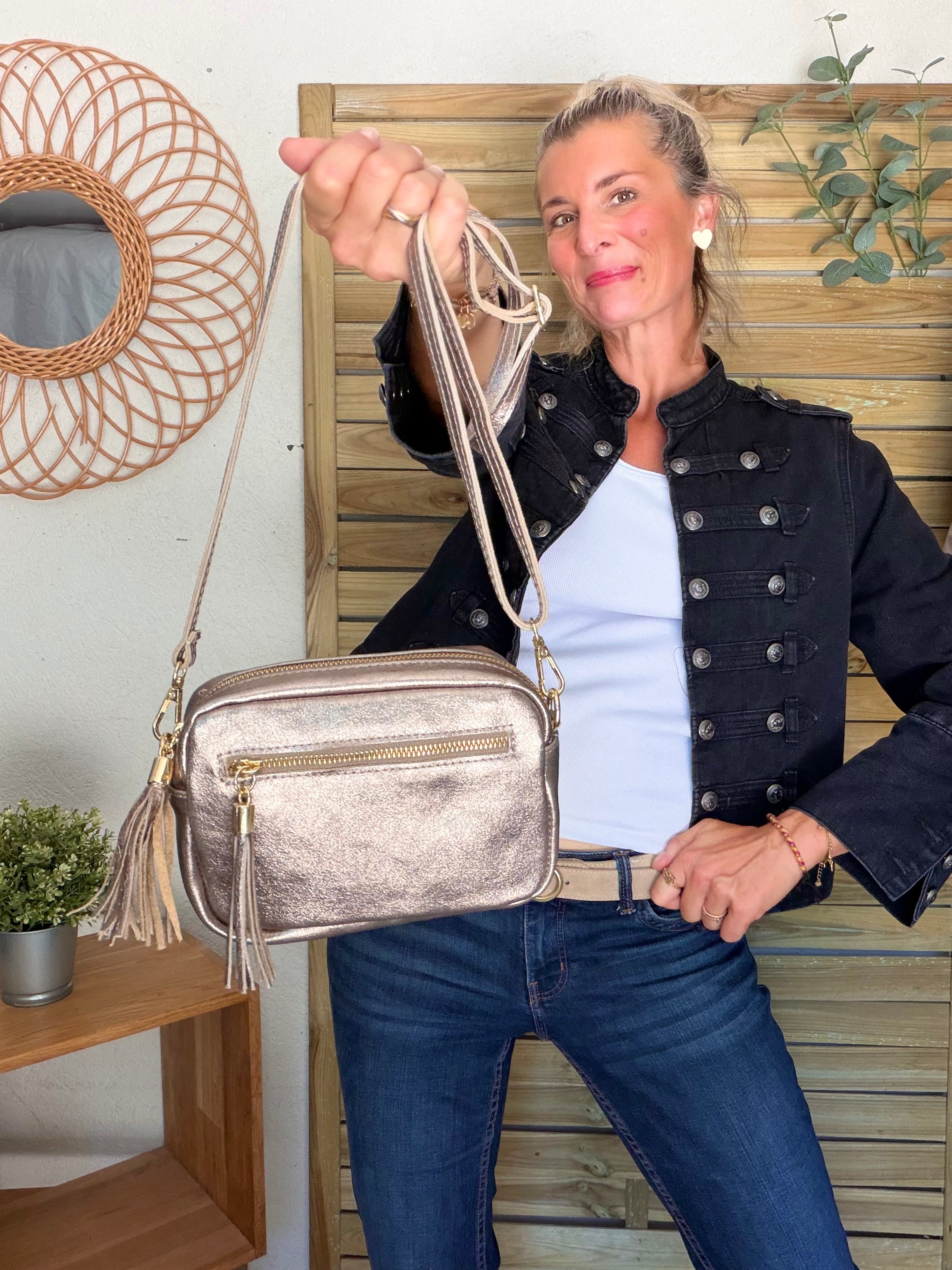 Sac bandoulière en cuir irisé - CHERRY - Bronze
