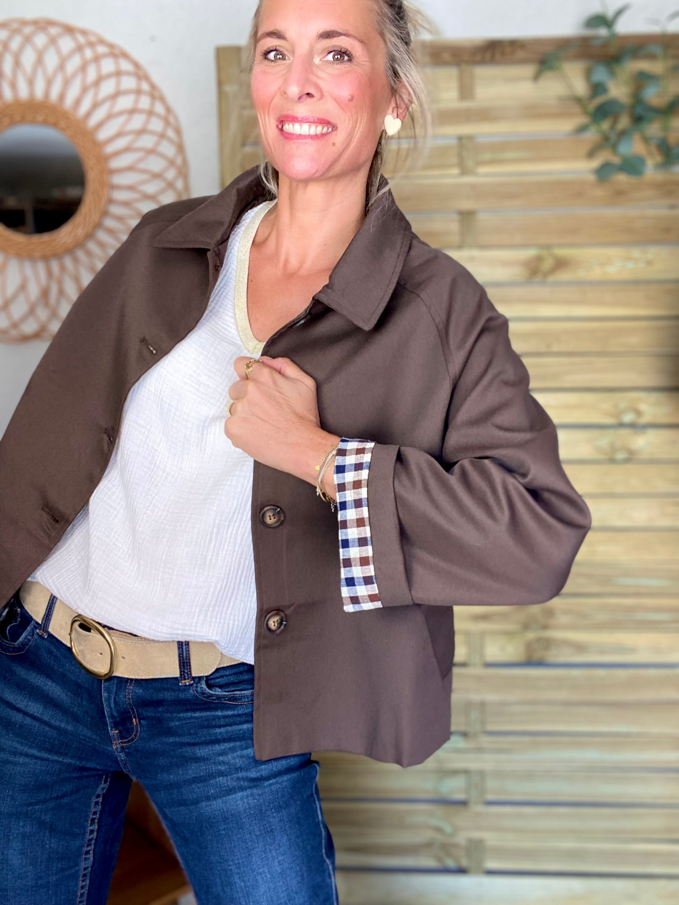 Veste Trench en coton avec vichy - YSEULT court Chocolat