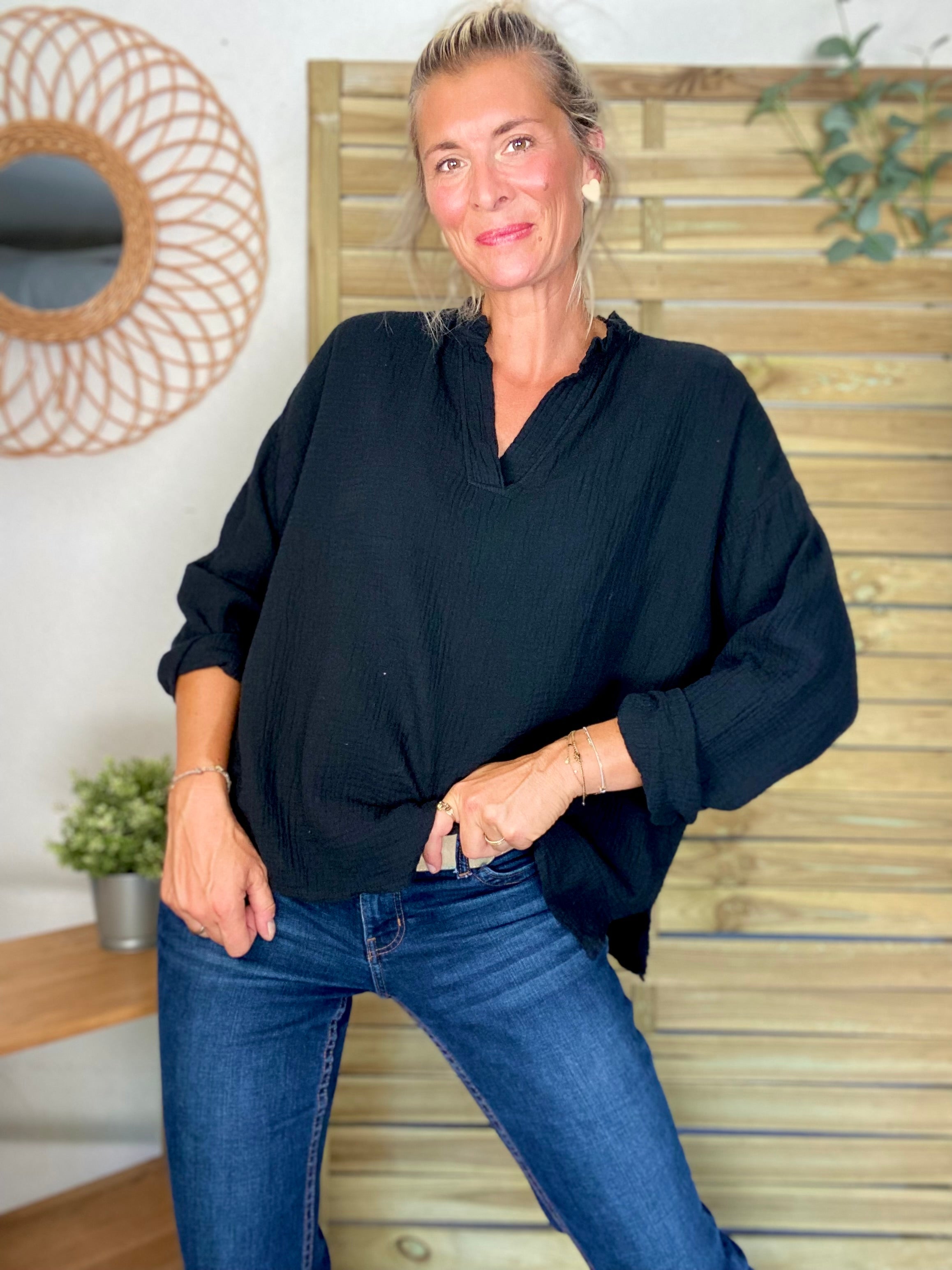 Blouse en gaze de coton SIERRA Noire - manches longues