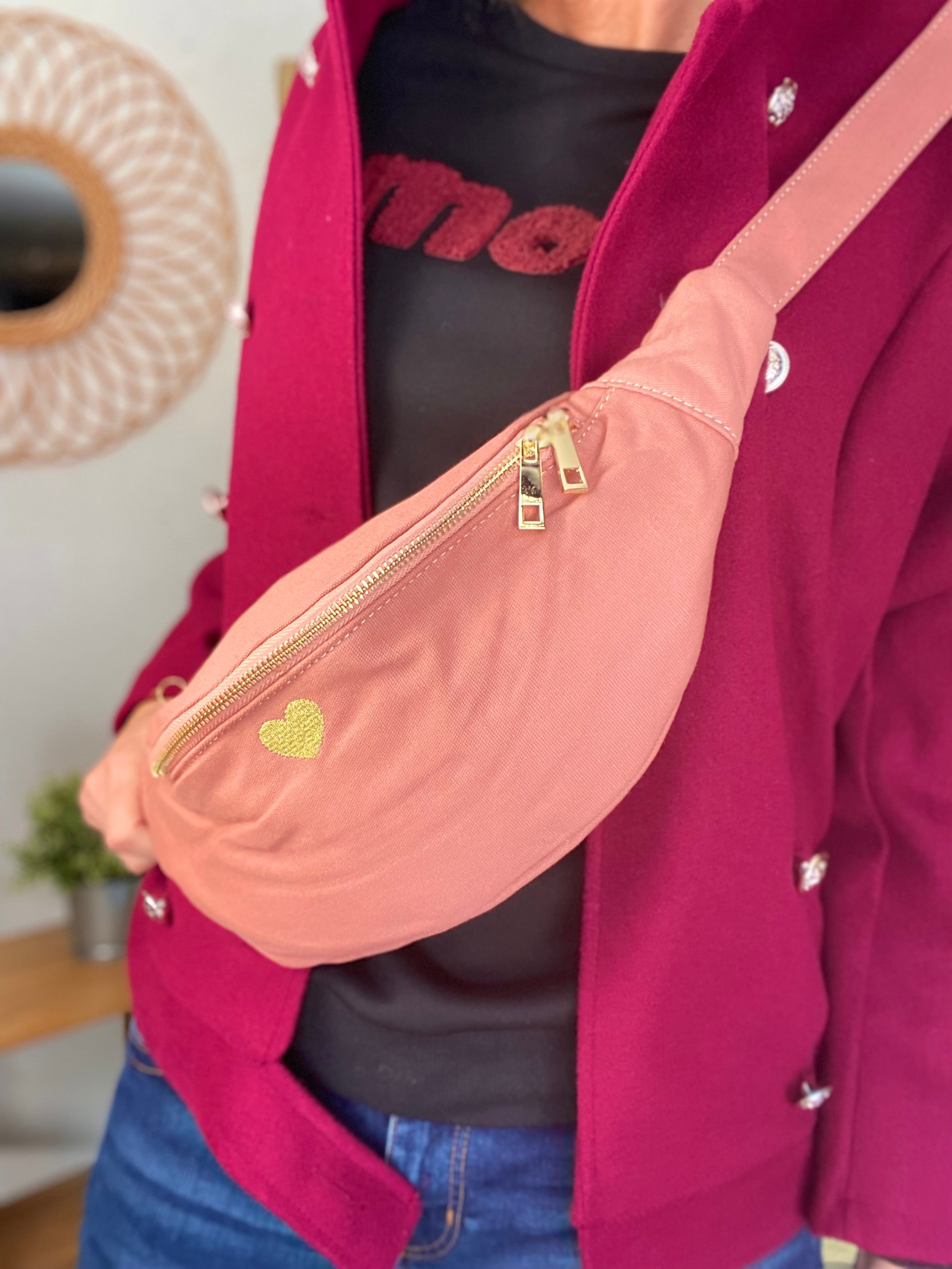 Sac banane en coton Coeur brodé 💛 CASSIDY - Vieux rose